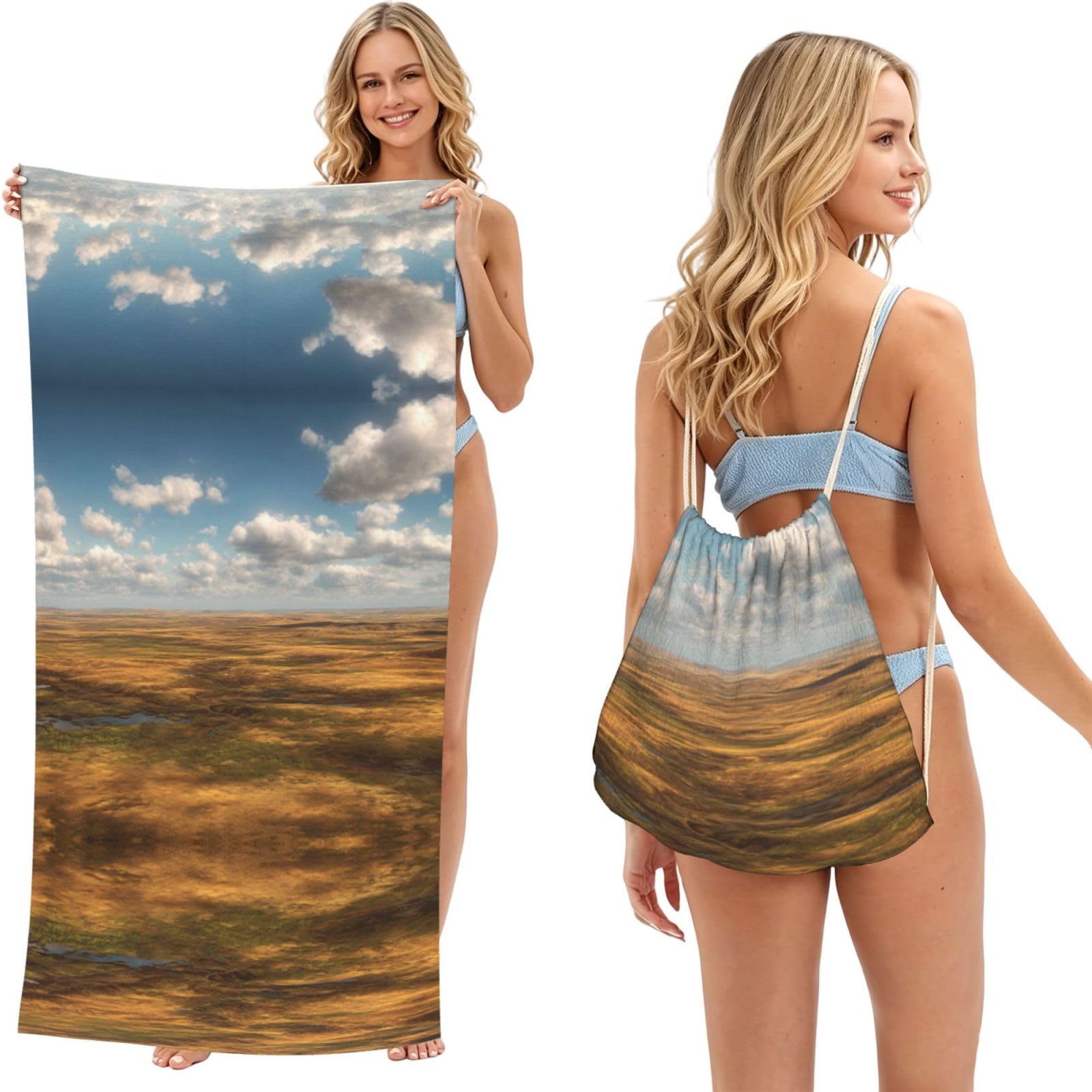 ESNAIUVCD Vast Grassland Expanse Print Beach Towel For Adults,Towel With Drawstring Bag, Travel Pool Swimming Sports Shower Sand Free Quick Dry Bath Towel For Pool, Beach, Yoga- 180x60cm