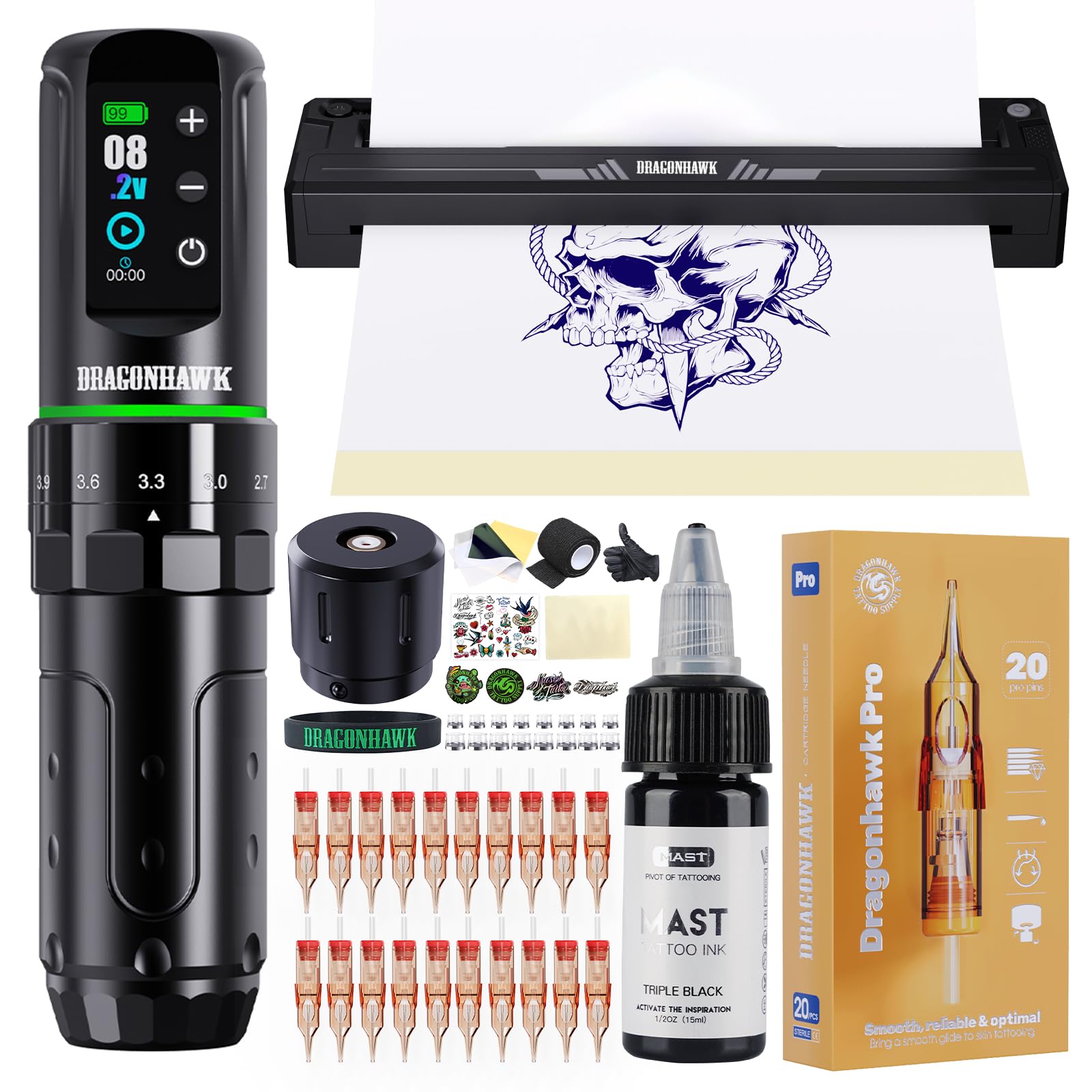 Photo 1 of Dragonhawk L3 Wireless Tattoo Machine Kit with A4 Thermal Stencil Printer - Complete Starter Set for Beginners and Artists 7 Strokes 7hr Battery 20 Cartridge Needles Practice Skin Transfer Paper