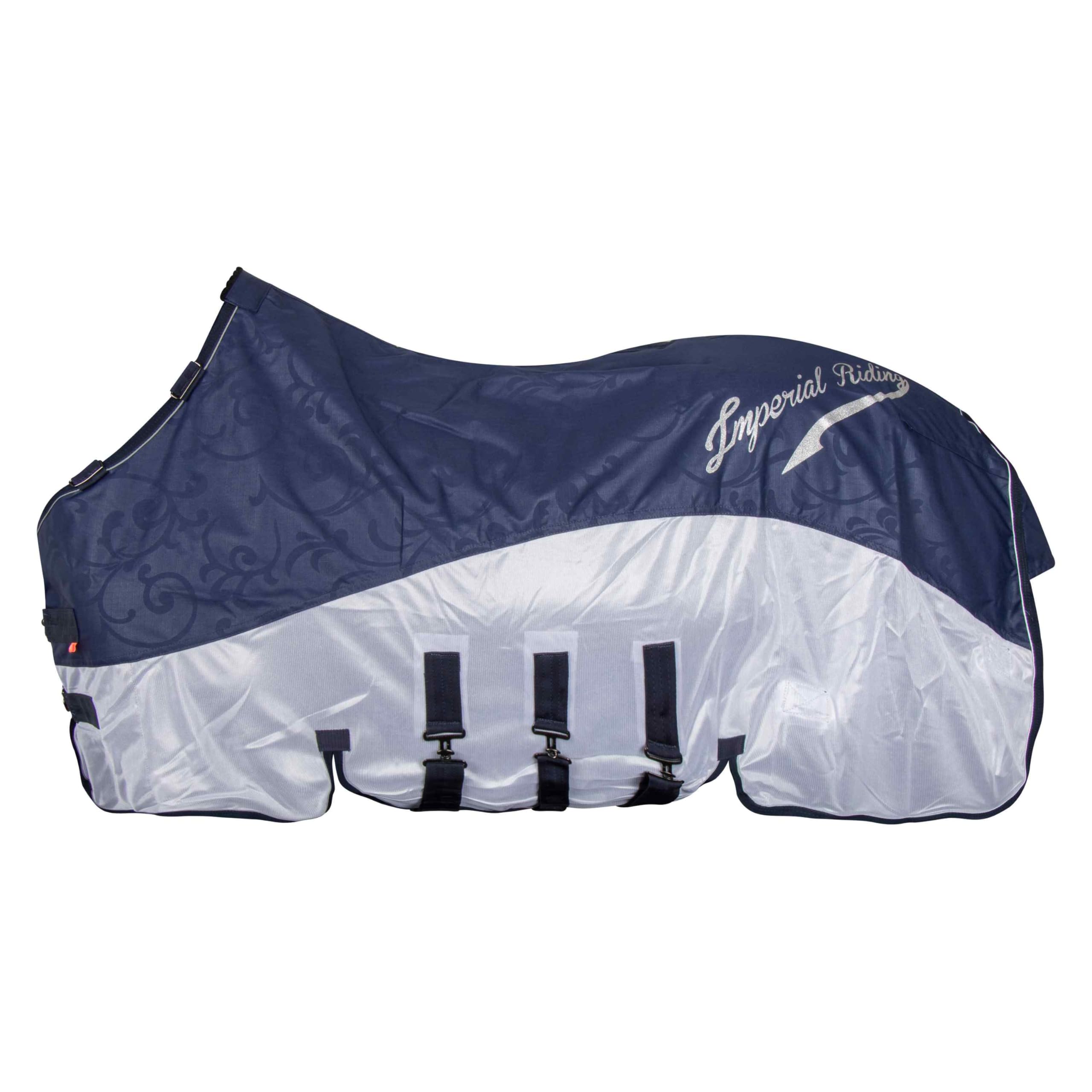 Imperial Riding Regen- & Fliegendecke Super-Dry 2-in-1-Decke ohne Halsteil, wasserabweisenden Deckschicht, Fliegenschutz durch atmungsaktives Mesh-Material, inkl. Bauchklappe, Navy, 145