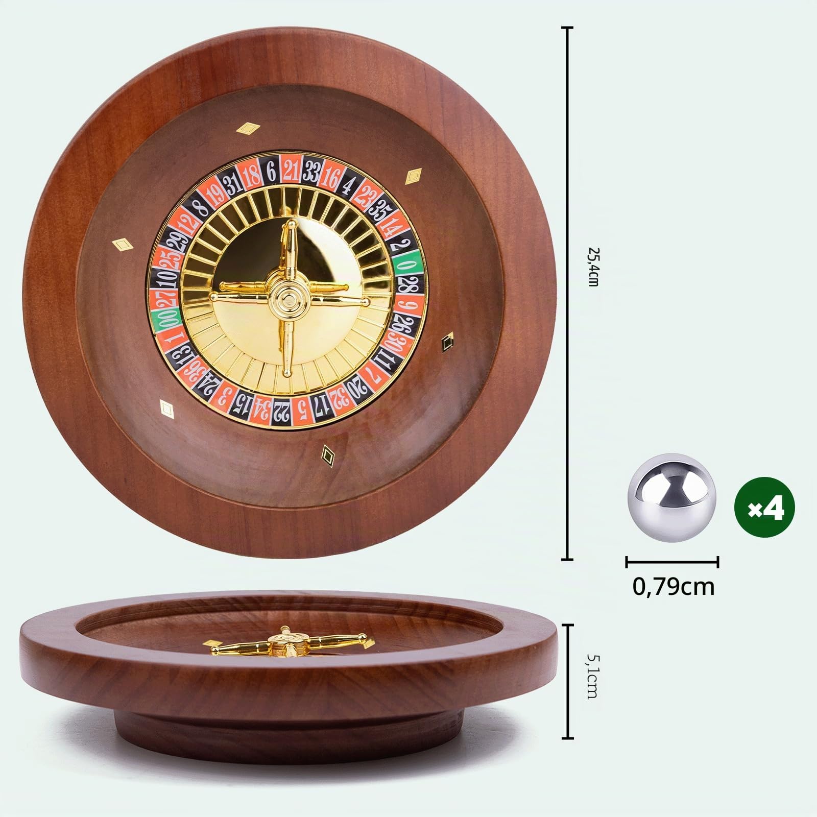 25,4 cm großes Roulette-Rad aus Holz, professionelle Casino-Roulette-Räder aus Massivholz für Erwachsene, mit 4 Roulette-Bällen, perfekt für Heimspielabend und Unterhaltungsparty
