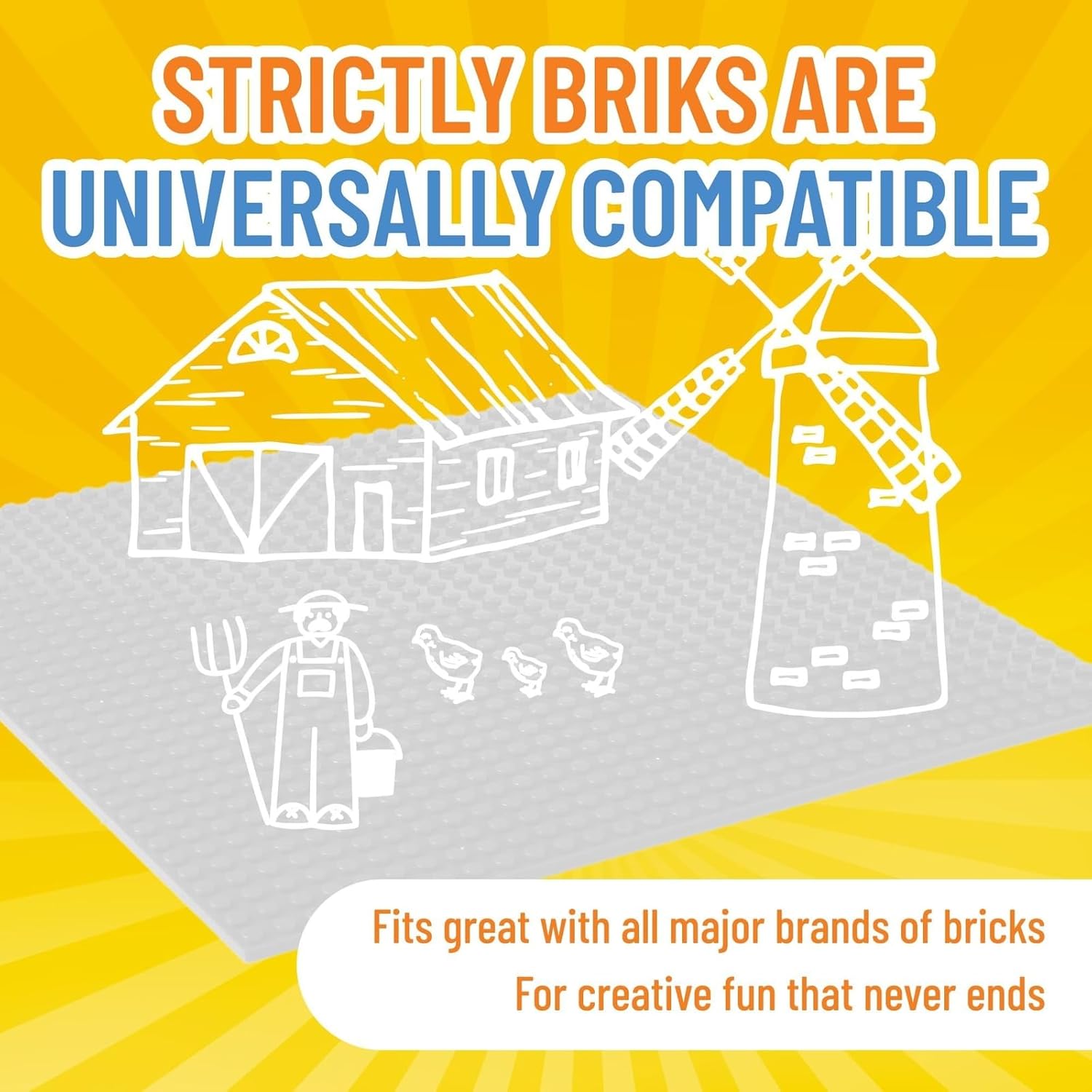 Strictly Briks Stackable White Base Plates for Building Bricks - 10x10 in 1-Pack Classic Baseplate - Compatible with Lego & All Major Brick Brands - Plastic Building Blocks Mat