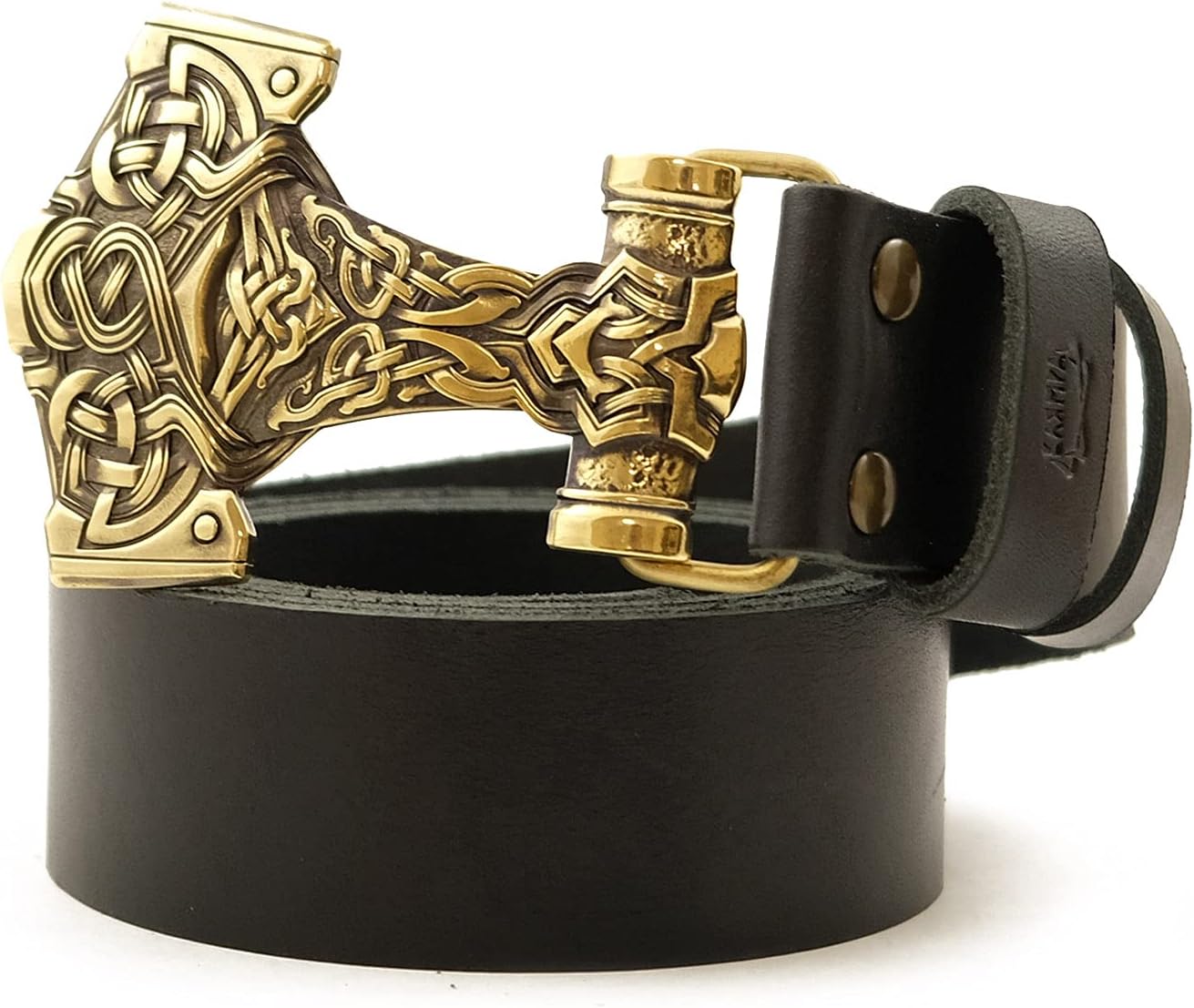 Leather belt with Thor Hammer buckle, Scandinavian Old Norse Viking Mjolnir solid brass belt buckle on 1.5" or 1.8" leather strap