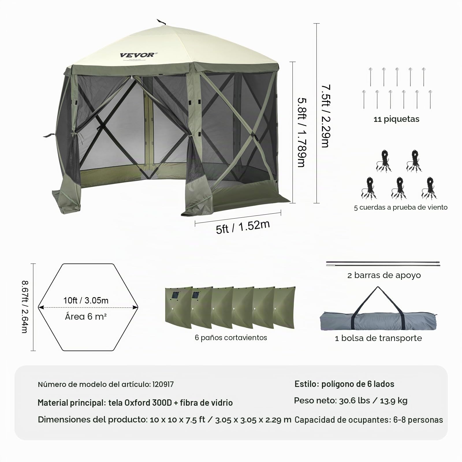 VEVOR Carpa Plegable para Cenador 6 Lados con Mosquitera y Paños de Viento 3,05 x 3,05 x 2,29 m Verde Marrón