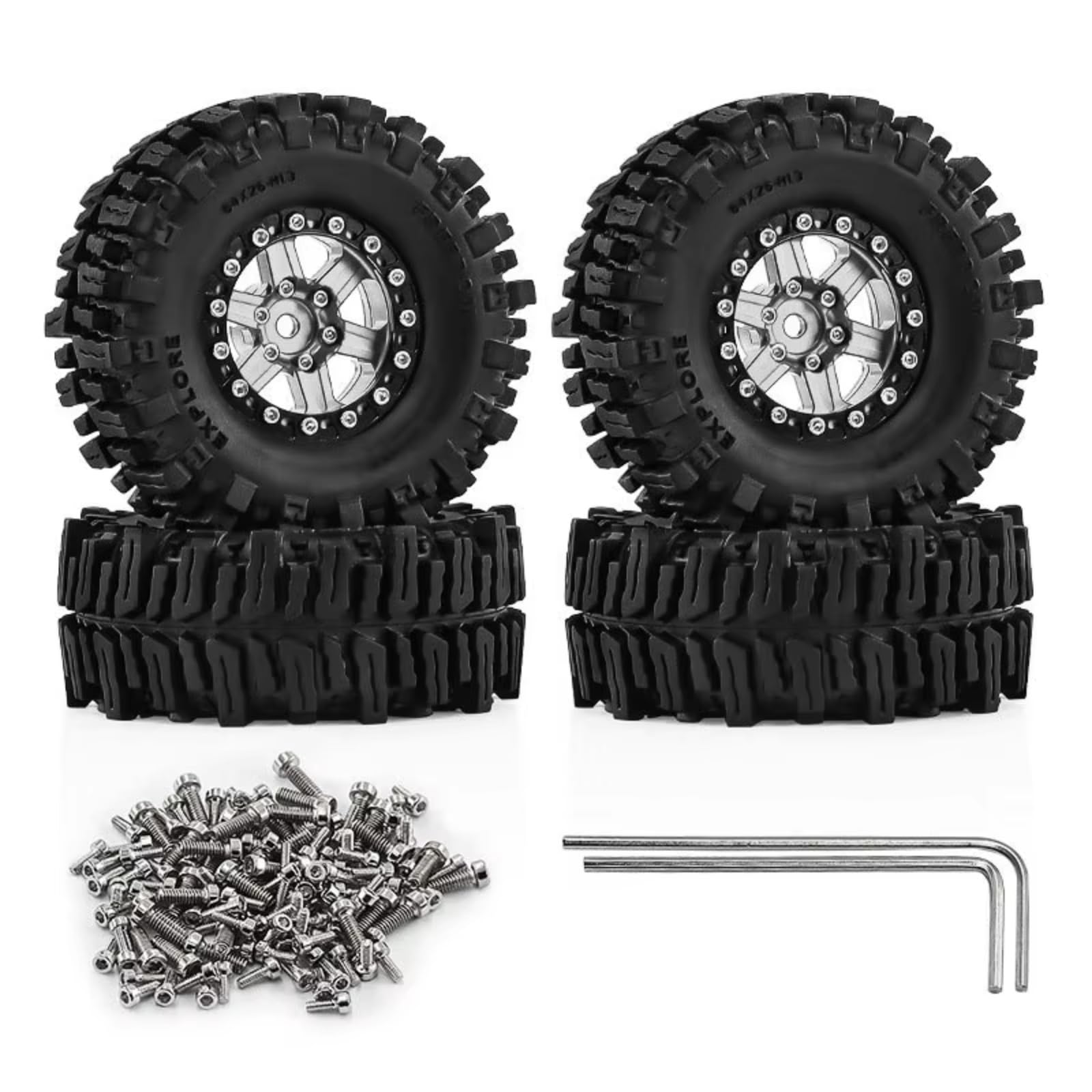 1,3Zoll Beadlock Wheels Reifen-Upgrade Für Traxxas Für TRX4M 1/18 Zubehör | RC Car Upgrade CNC-Metall-Beadlock-Radreifen mit Klemmung und All-Terrain-Profil für Mini-Crawler(Silver)