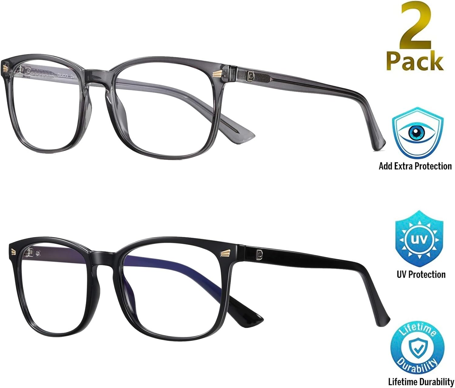 Suреr Brаndѕ Duco Blue Light Blocking Glasses 2 Pack Computer Gaming Glasses Women Men Blue Light Blocker Eyeglasses Square Frame Anti Eye Eyestrain 5201S