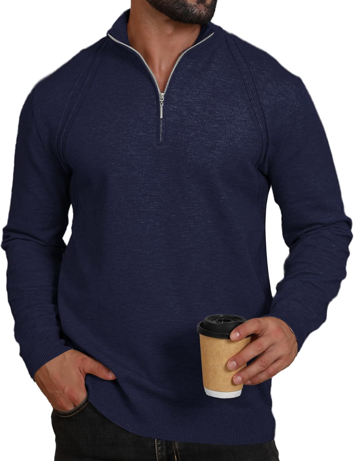 Mens Fashion Knit Pullover Sweater Quarter Zip Long Sleeve Mock Neck Ribbed Sweater