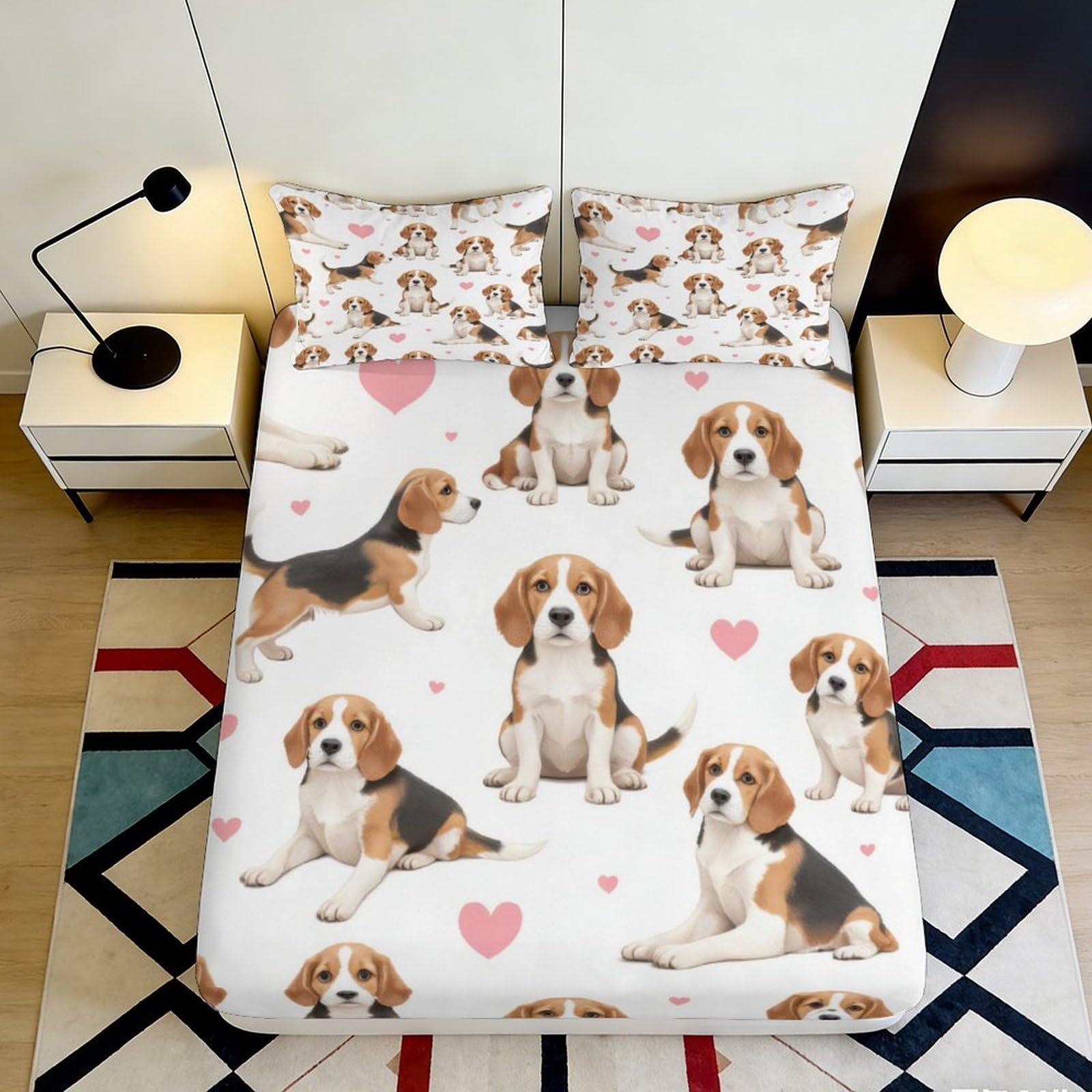 3D Printed Beagle Dog Pattern Fitted Sheet Microfiber Soft Anti-Slip Mattress Cover for Bedroom Dorm Decorative 200x200x25cm