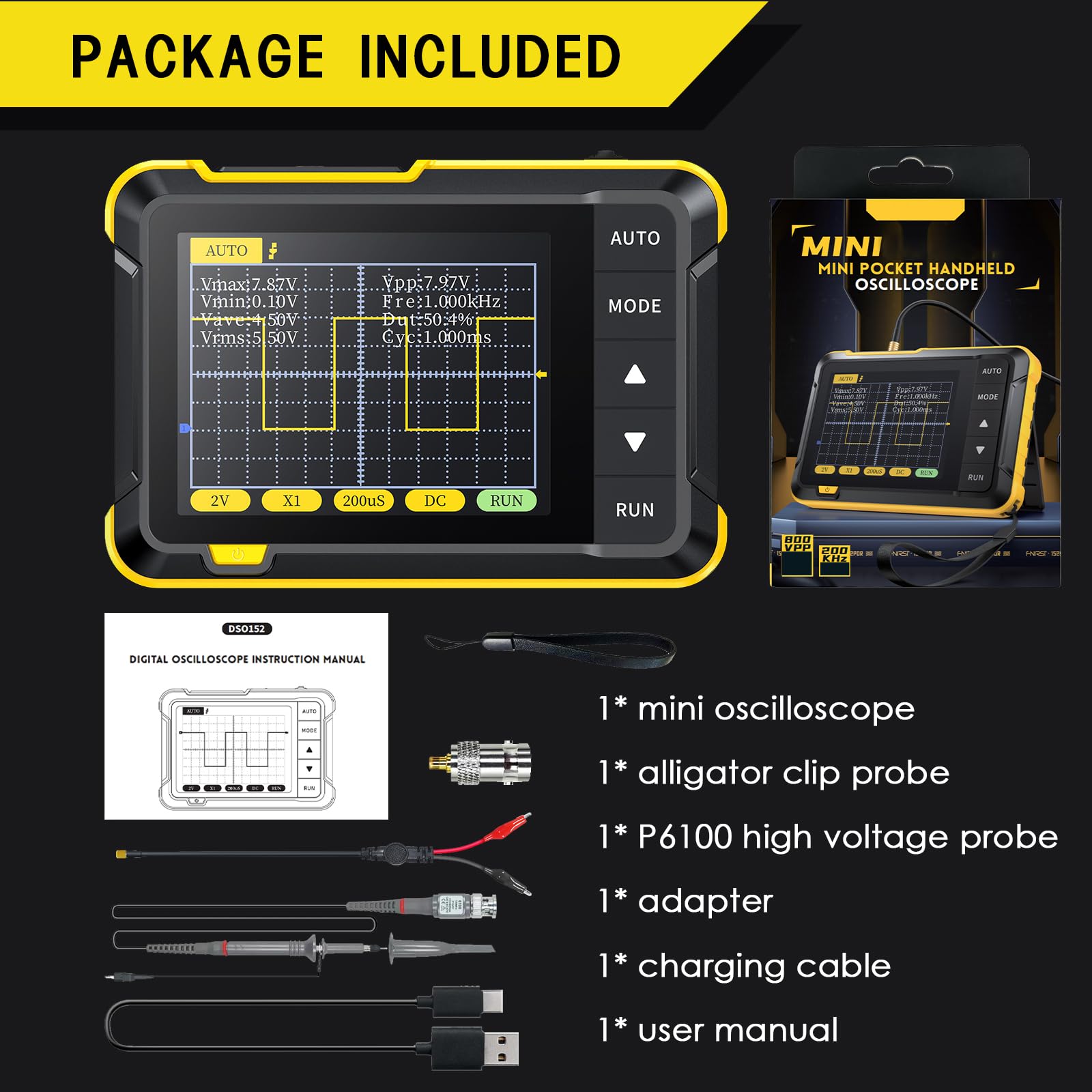 Osciloscopio Digital, 2.8" TFT Mini Oscilloscope 200KHz Ancho de Banda con 2.5MS/s Frecuencia de Muestreo, Modo de Disparo Auto/Nomal/Simple para Principiantes, Bricolaje, Uso Doméstico