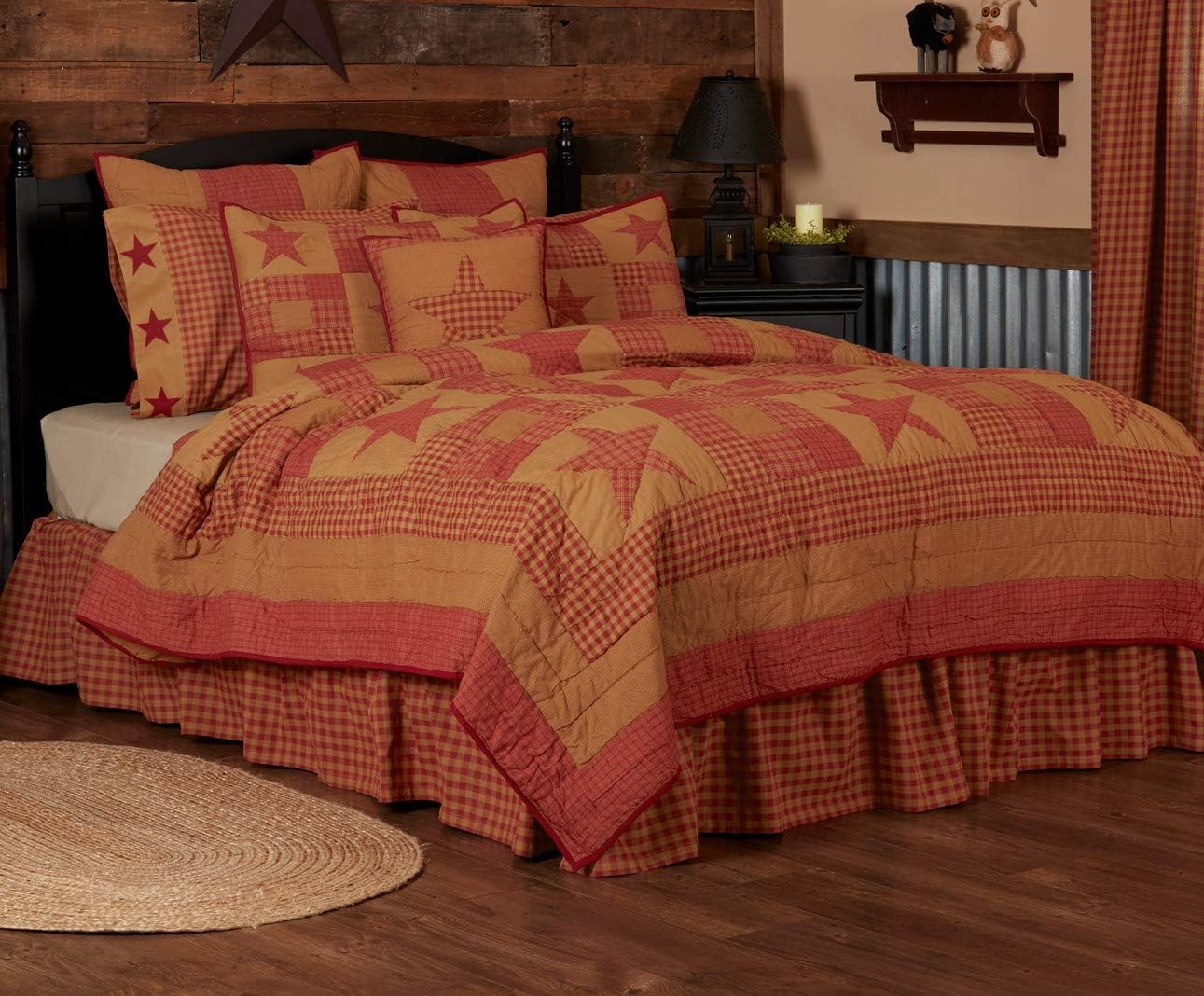 VHC Brands Ninepatch Star Twin Quilt 68Wx86L Country Patchwork Design, Burgundy