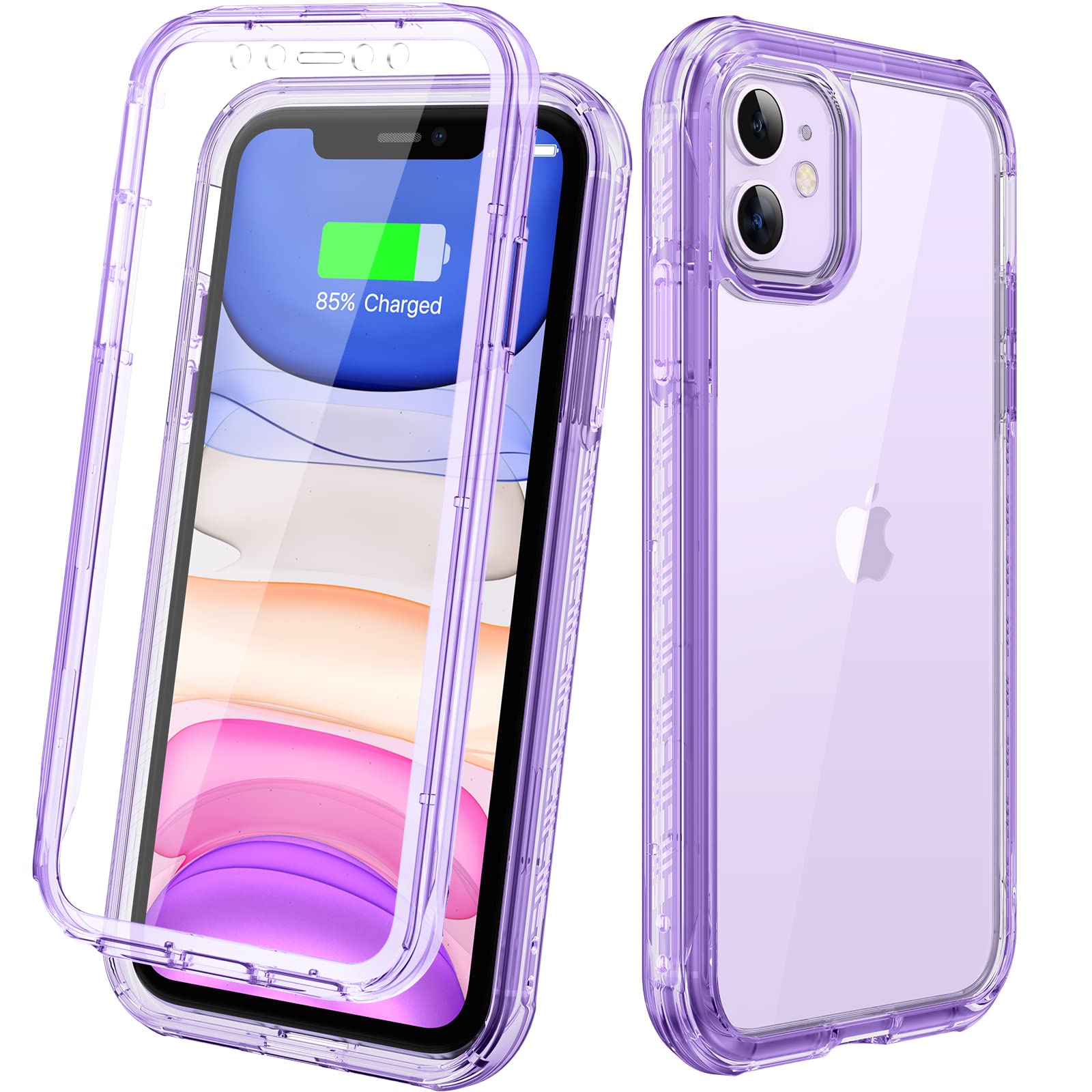 Diaclara Compatible with iPhone 11 Case, Full Body Rugged with Built-in Touch Sensitive Anti-Scratch Screen Protector, Soft TPU Bumper Case Clear Compatible with iPhone 11 6.1" (Clear Purple)
