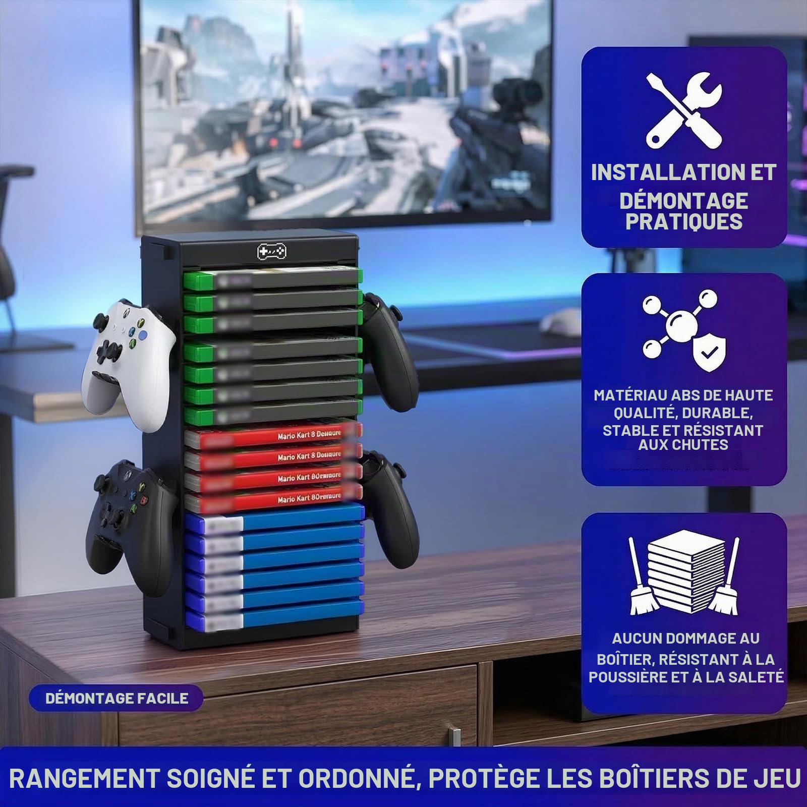 SOONHUA Tour Rangement Jeux Vidéo Support Manettes Compatible PS5 PS4 | Support de rangement avec 4 porte-manettes pour consoles compatibles Switch, Xbox et disques de jeu