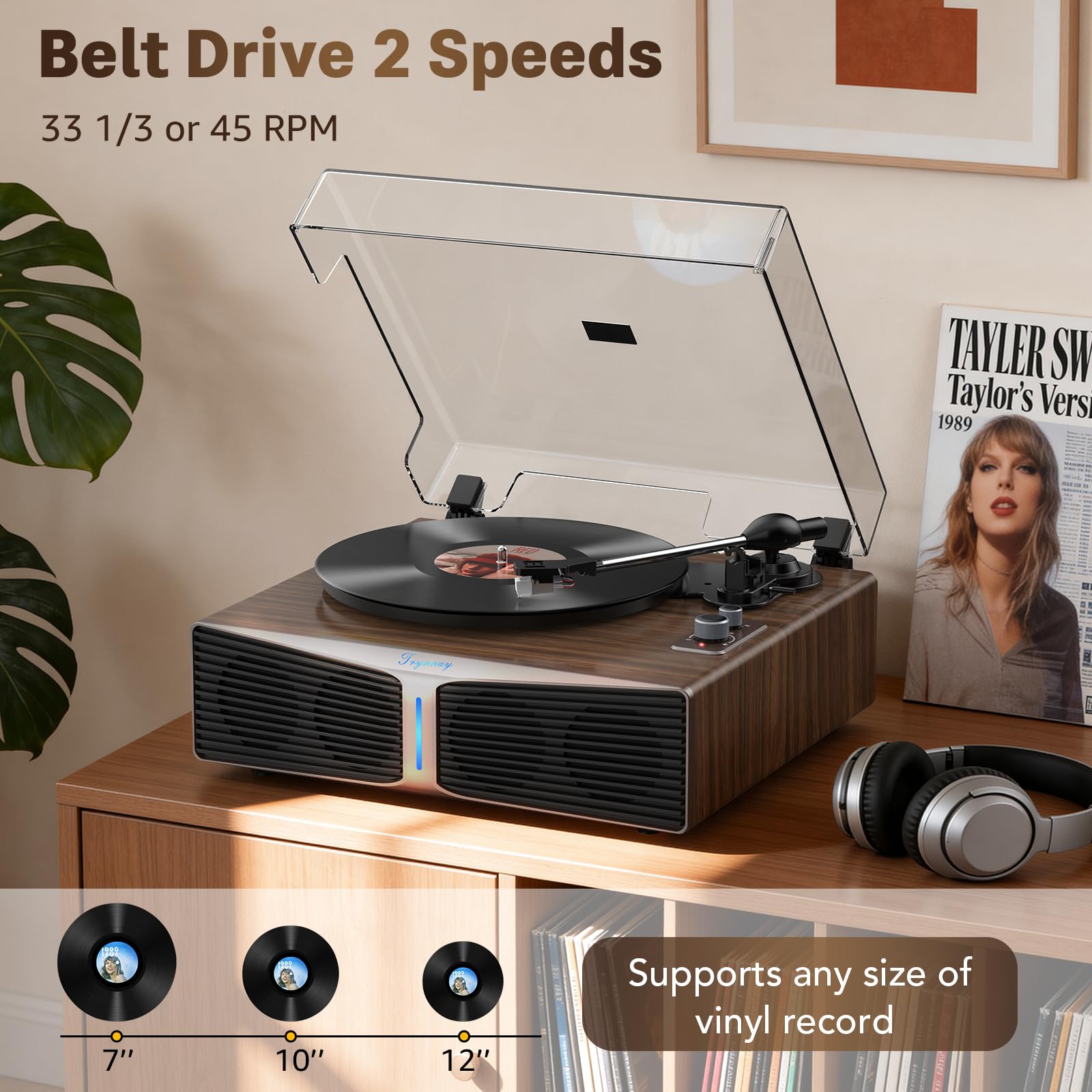 Platine Vinyle avec Haut-parleurs intégrés, Platine Bluetooth avec Haut-parleurs intégrés, contrepoids réglable, AT-3600L, 33/45 Tours/Minute, Barre Lumineuse à luminosité réglable, Brun