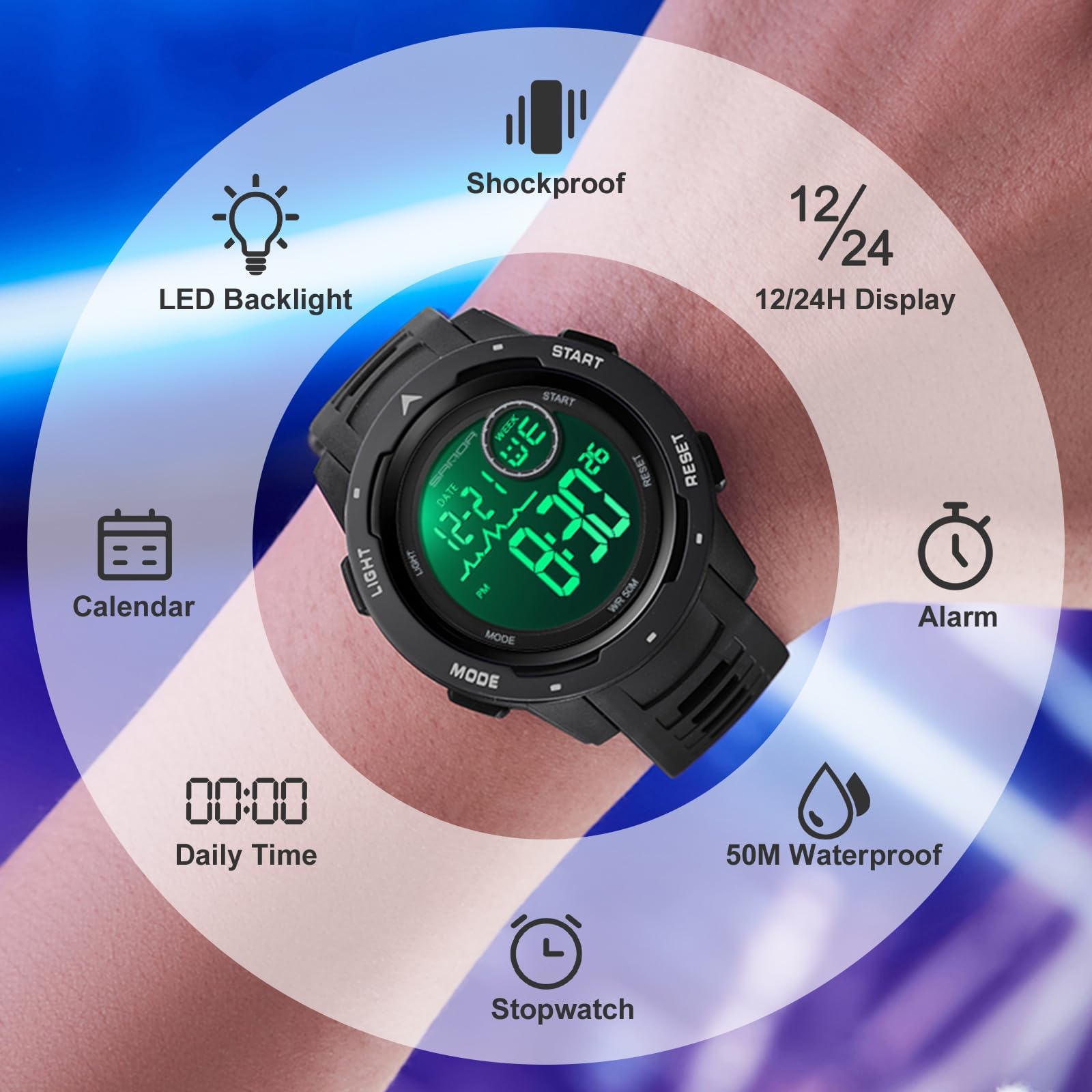 Relojes de hombre digital militar deportivo 50 m, resistente al agua, reloj digital con despertador, fecha, reloj digital LED, cronómetro, 12/24 horas, reloj táctico para hombres y niños al aire