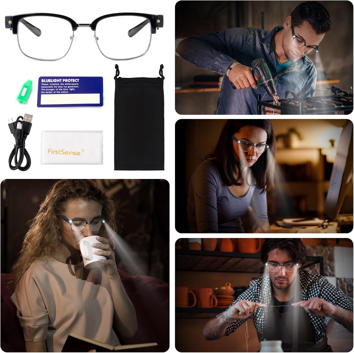 Reading Glasses with Lights USB Rechargeable Bright LED Readers Lighted Eyewear Clear Vision Unisex