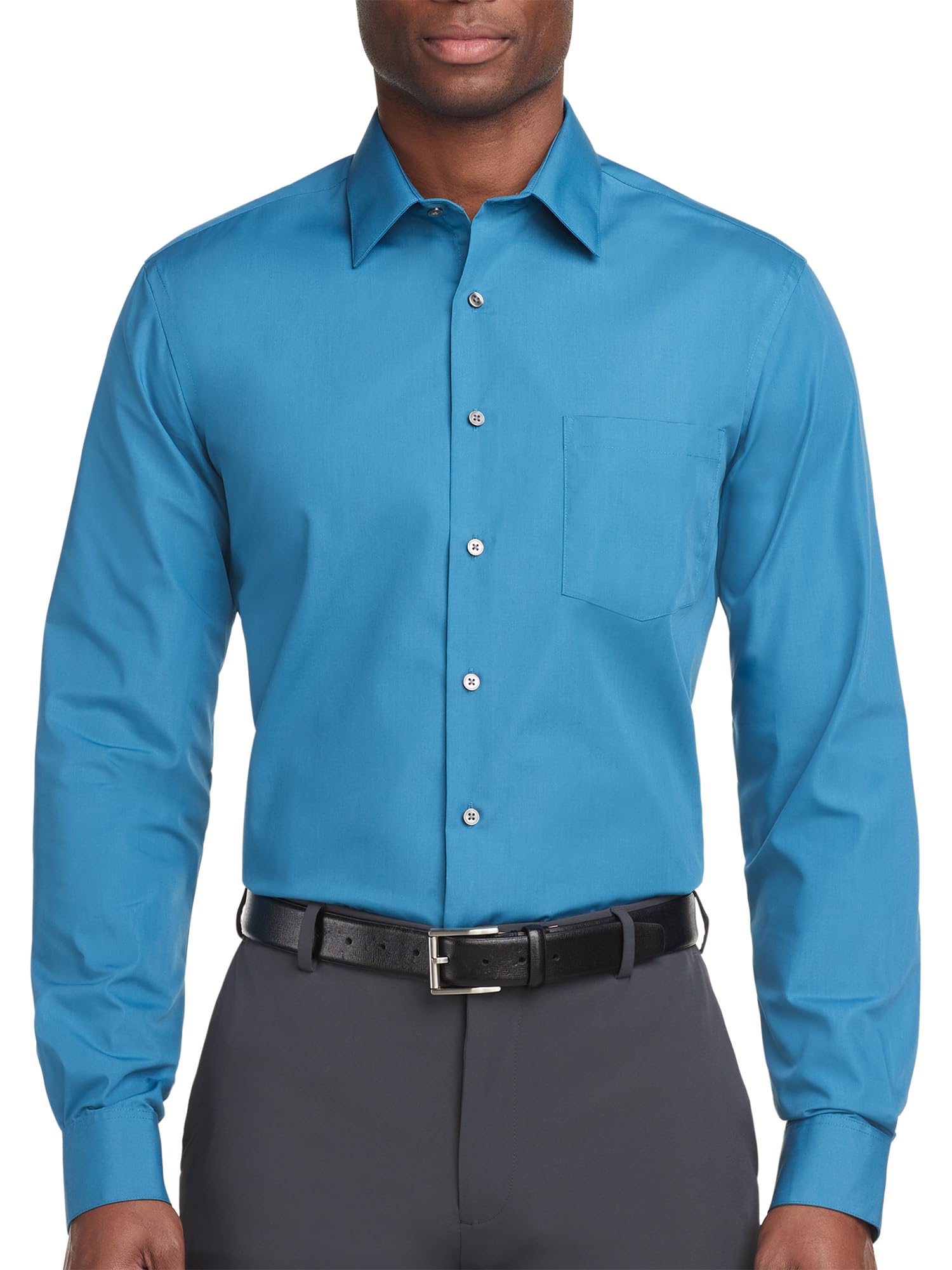 Van Heusen Men's Poplin Regular Fit Solid Point Collar Dress Shirt, Deep Sea, 16.5" Neck 36"-37" Sleeve
