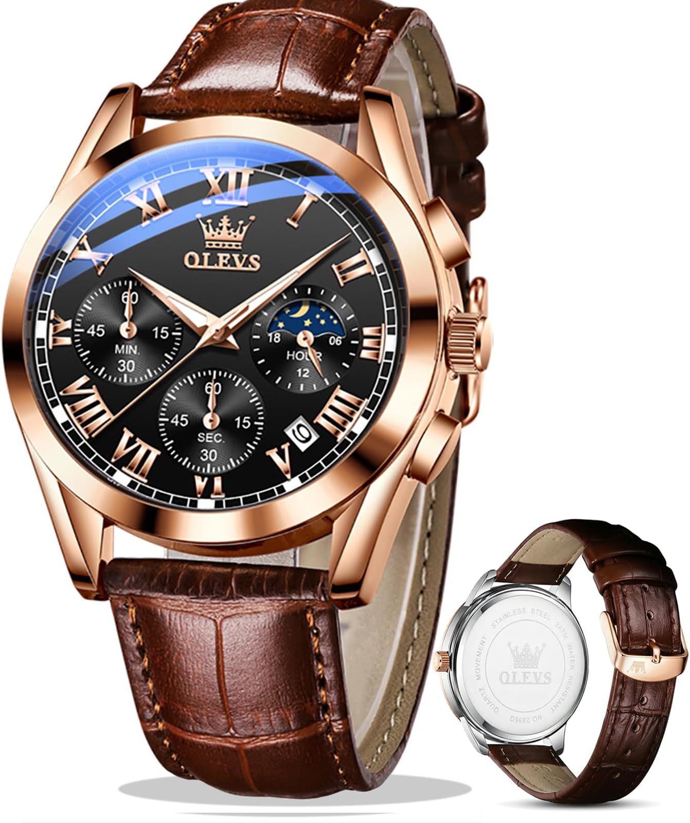 Men's Leather Analog Quartz Watch - Luxury Chronograph Wristwatch with Date, Waterproof, Luminous - Dress Style