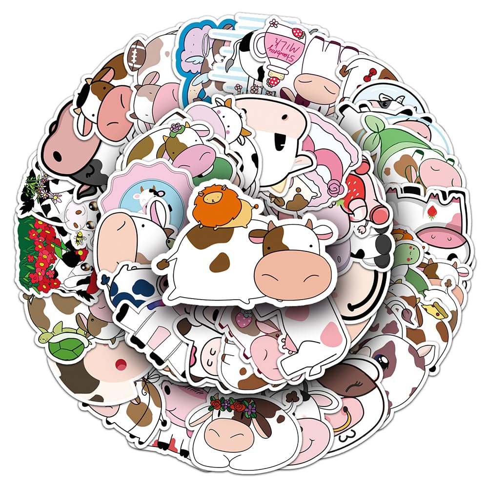 Cow Vinyl Stickers 50 PCS, Cute Aesthetic Waterproof Die-Cut Cartoon Animals Sticker Pack for Water Bottles Laptop Luggage Skateboard, Scrapbook