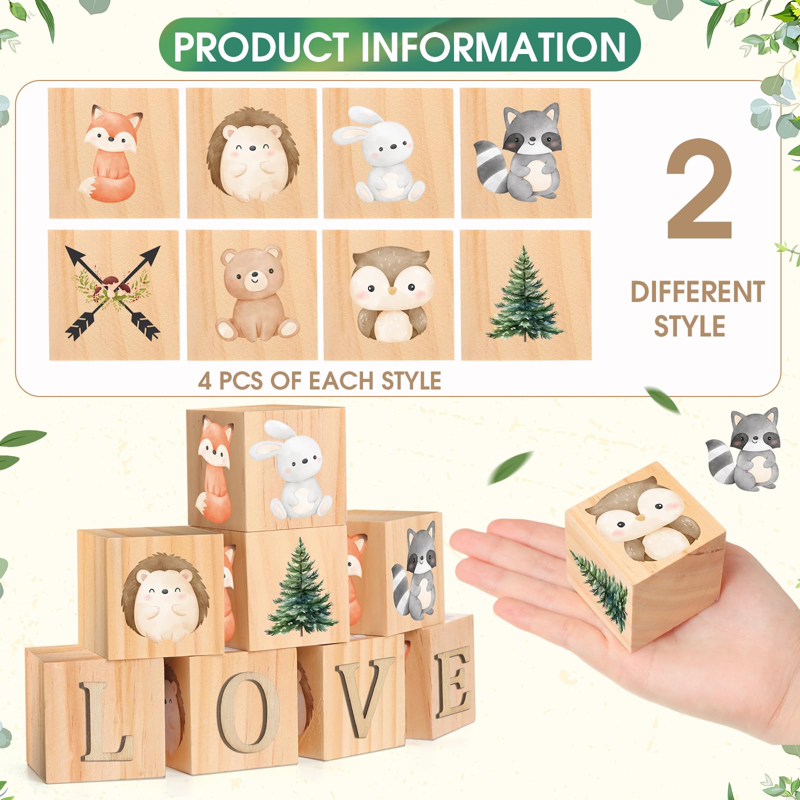 Wonderjune Letrero de madera con nombre de animales del bosque, 8 bloques de animales del bosque con 78 letras de madera, cubos de madera para guardería, baby shower, nombre del alfabeto, letreros de