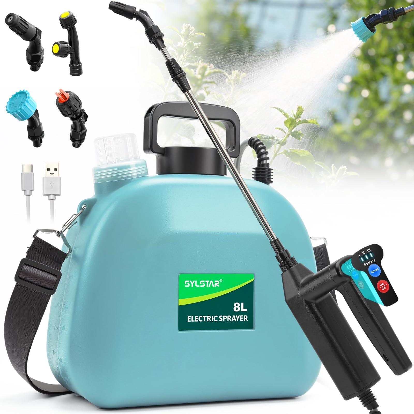 SYLSTAR Drucksprüher 8L, 3 Sprühgeschwindigkeiten Akku Drucksprüher mit 4 Verstellbaren Düsen, 7.4V Stärkerer Elektrischer Pflanzensprüher und 60cm Teleskopstab für Gartenspritze Unkrautspritze