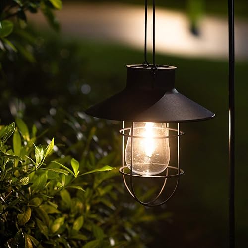 Miniatura 4 de Paquete de 2 luces solares colgantes con gancho de pastor, luces Edison de metal impermeables para jardín al aire libre (cobre)