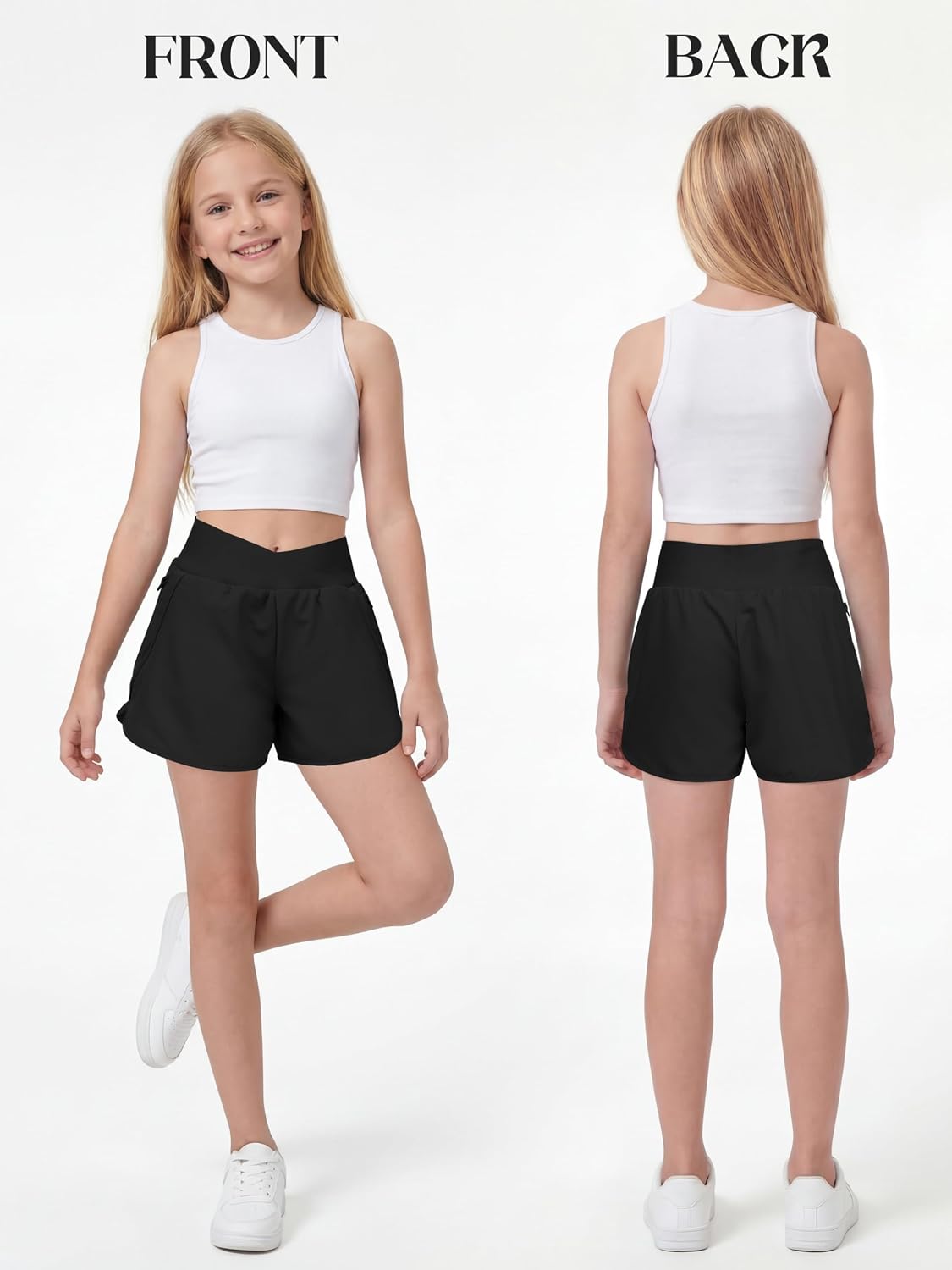 Resinta Girls Athletic Shorts Crossover High Waisted with Zipper Pockets Summer Running Sports Workout Shorts for Kids