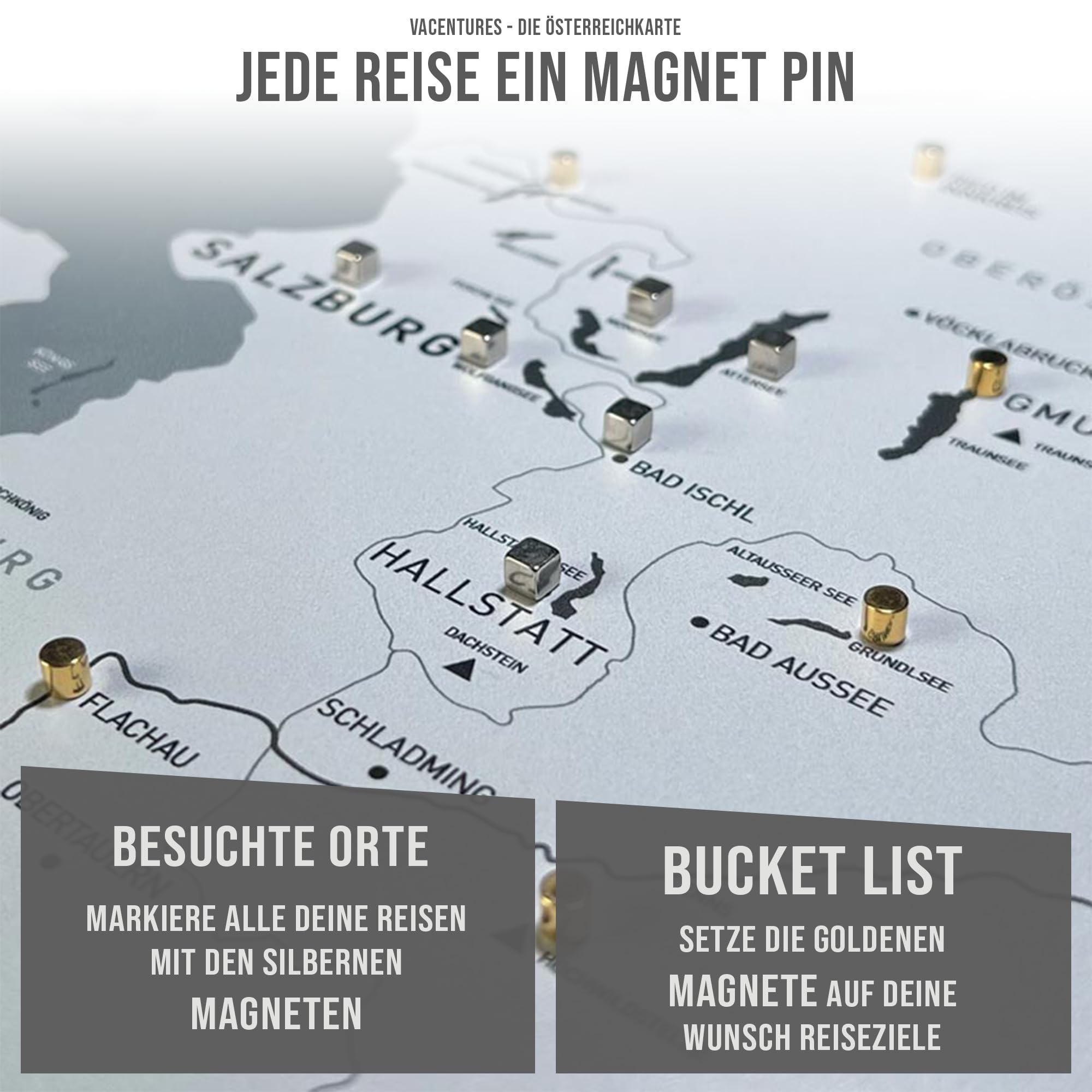 Magnetische Pinnwand Österreichkarte XL inkl. 2 x 15 magnetische Pins I Markiere Deine Reiseziele I Sammel Fotos und Magnete I Magnet Poster DIN A1