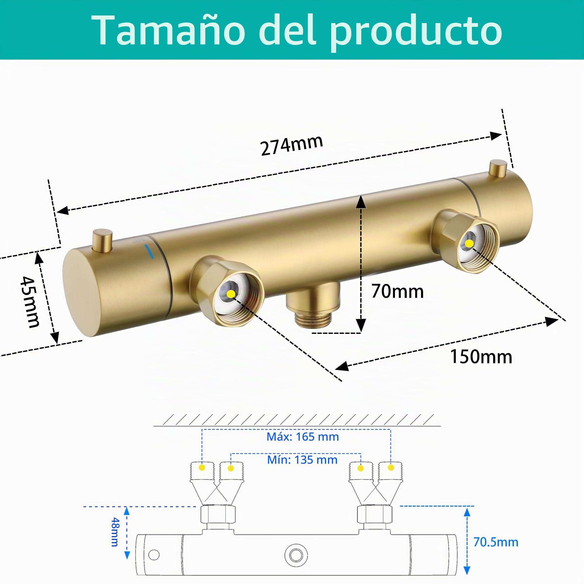 Grifo mezclador termostático dorado con botón de bloqueo de seguridad, barra mezcladora de ducha antiquemaduras de 38 °C, válvula mezcladora de ducha de control de temperatura montada en la