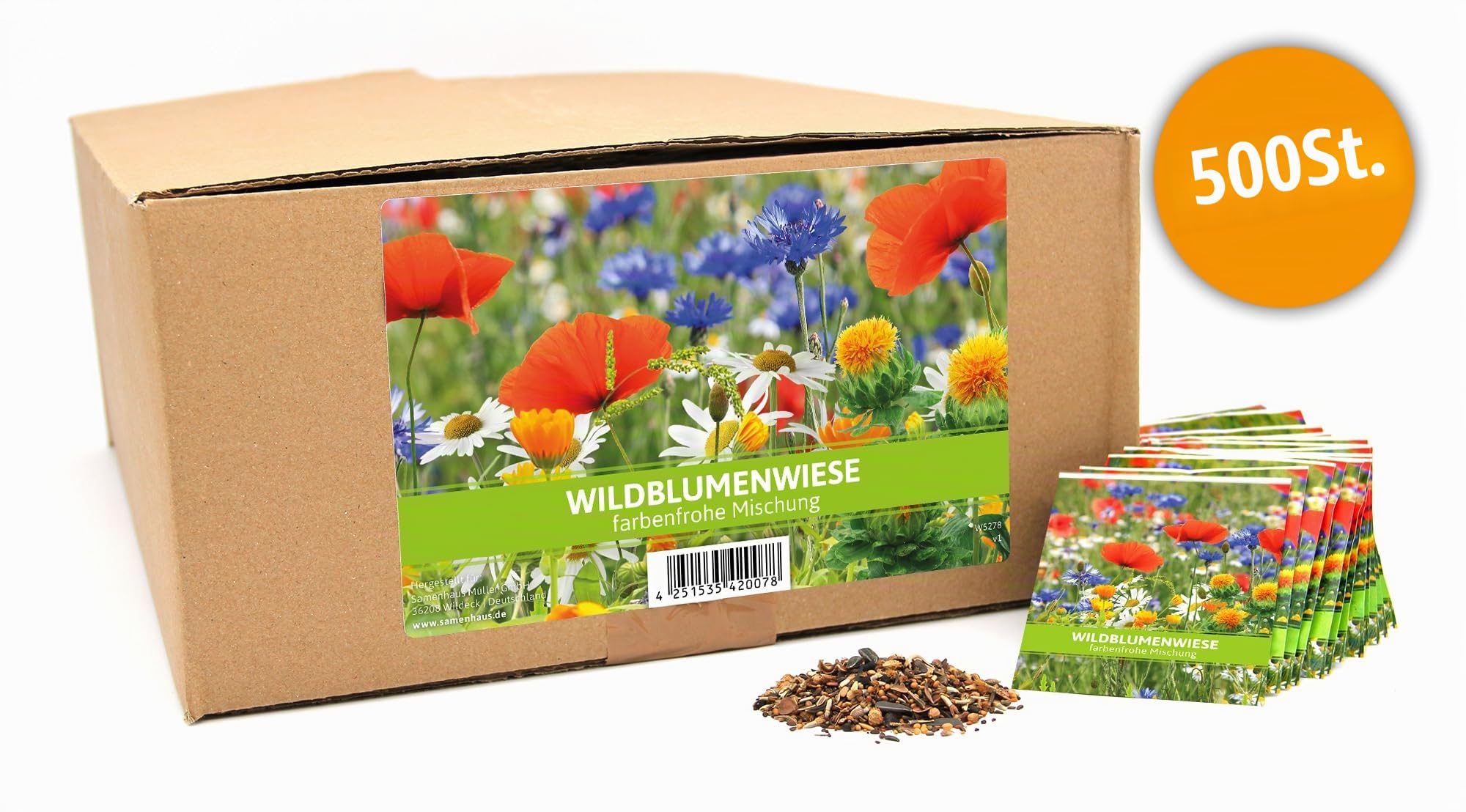 FLORTUS Wildblumenwiese für Gastgeschenke (500 Stück) | Wildblumensamen für Bienen & Insekten als Dankeschön Geschenke & Werbegeschenke