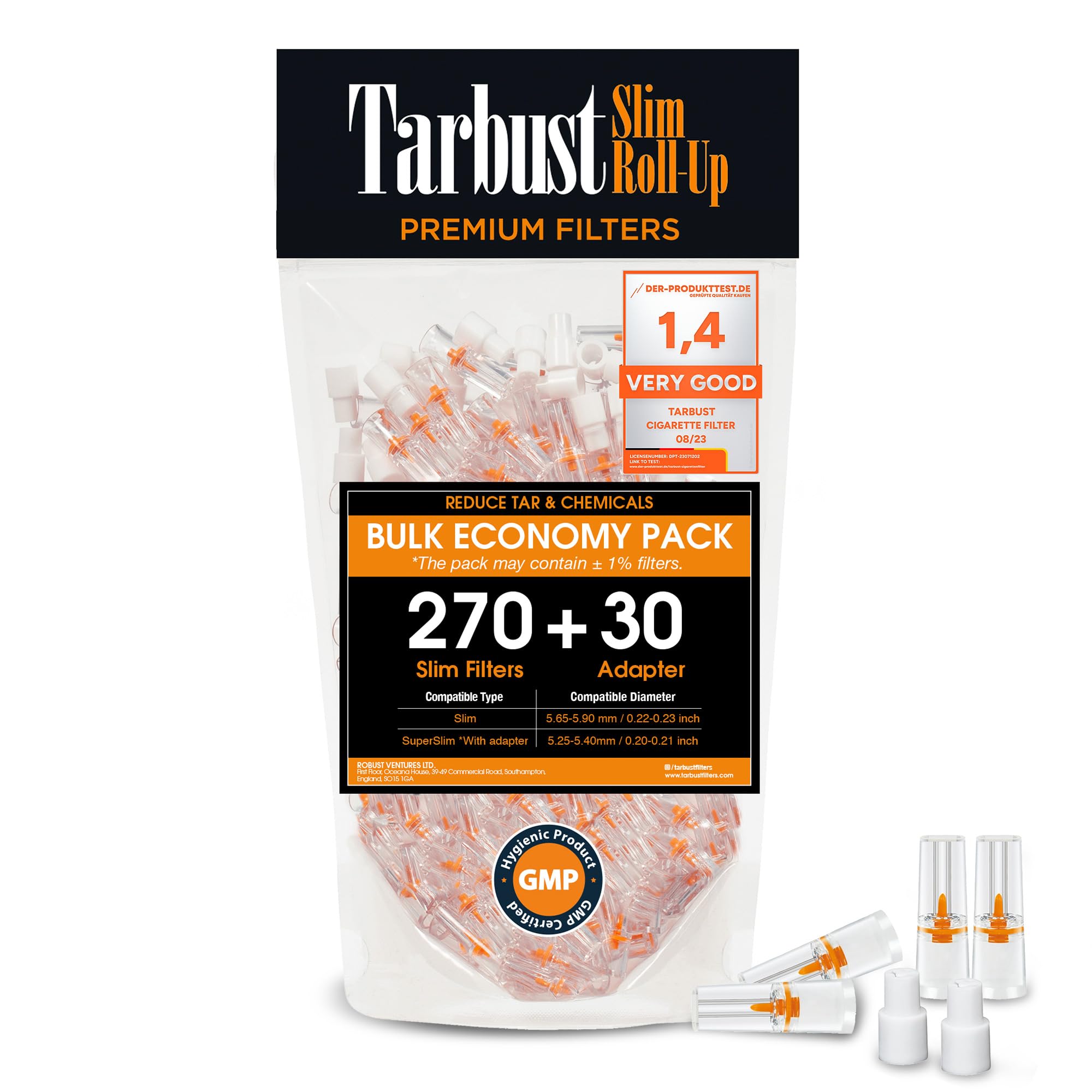 Tarbust 270+30 Cigarette Filters Tips for Slim, Extra Slim and Roll Up, Smart Tar Filters for Cigarettes, 270 Plastic + 30 Adapters 5.25 - 6 mm Mouthpiece for Smoking