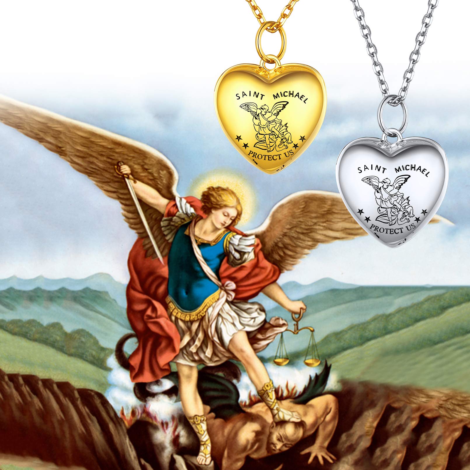 ChicSilver Kette mit Fotoanhänger für Damen, Personalisierter Schmuck Herz Medaillon mit Saint Christophorus, Foto Medaillon mit Saint Michael, Herz Kette mit Gravur Schmuck für Geburtstag Muttertag