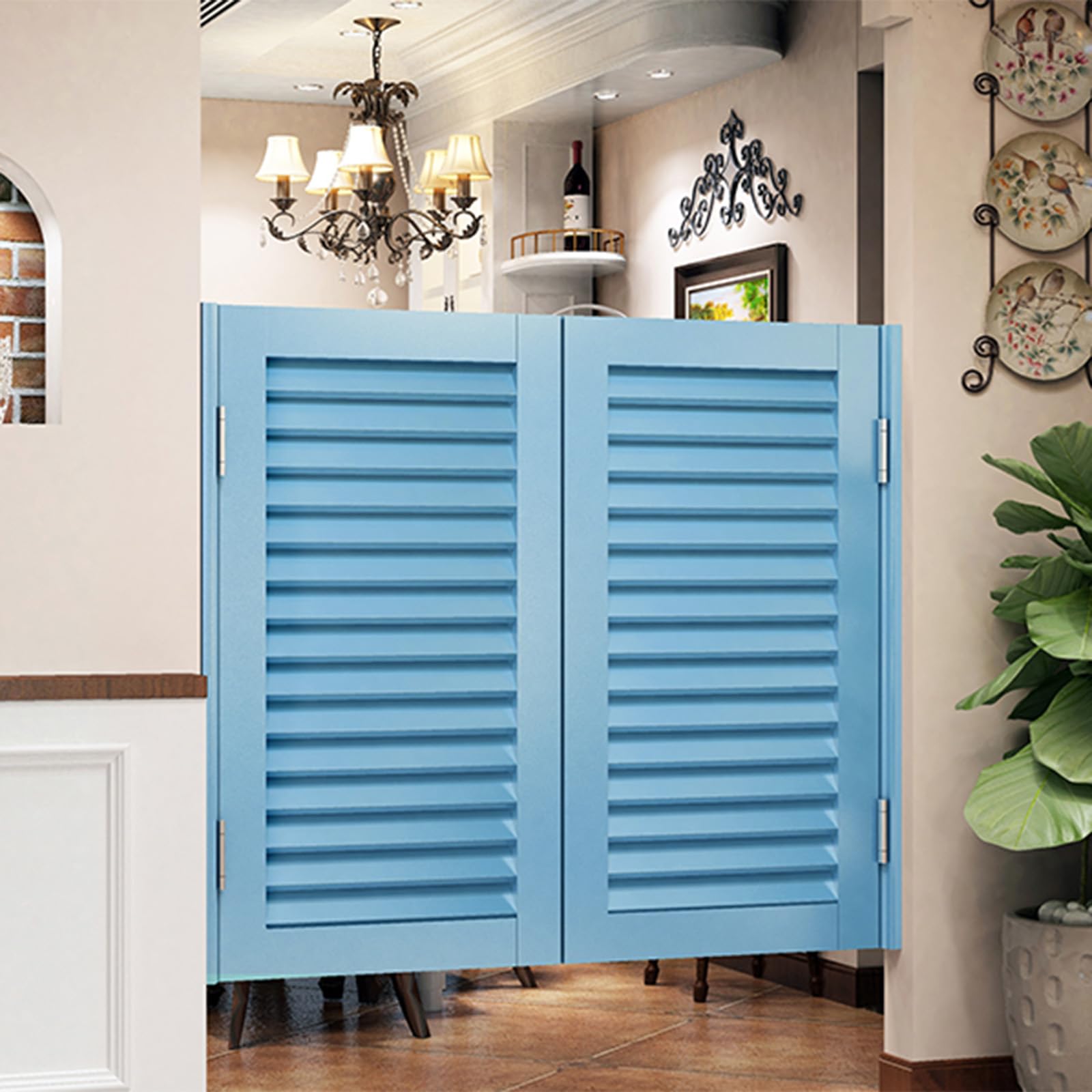 Porte Battante Café Portes Battantes, Porte Saloon de Séparation à persiennes, Cuisine Rétro en Bois Massif Épais, pour Salle de Bain buanderie toilettes Bleu-W70×H90cm(Porte double)
