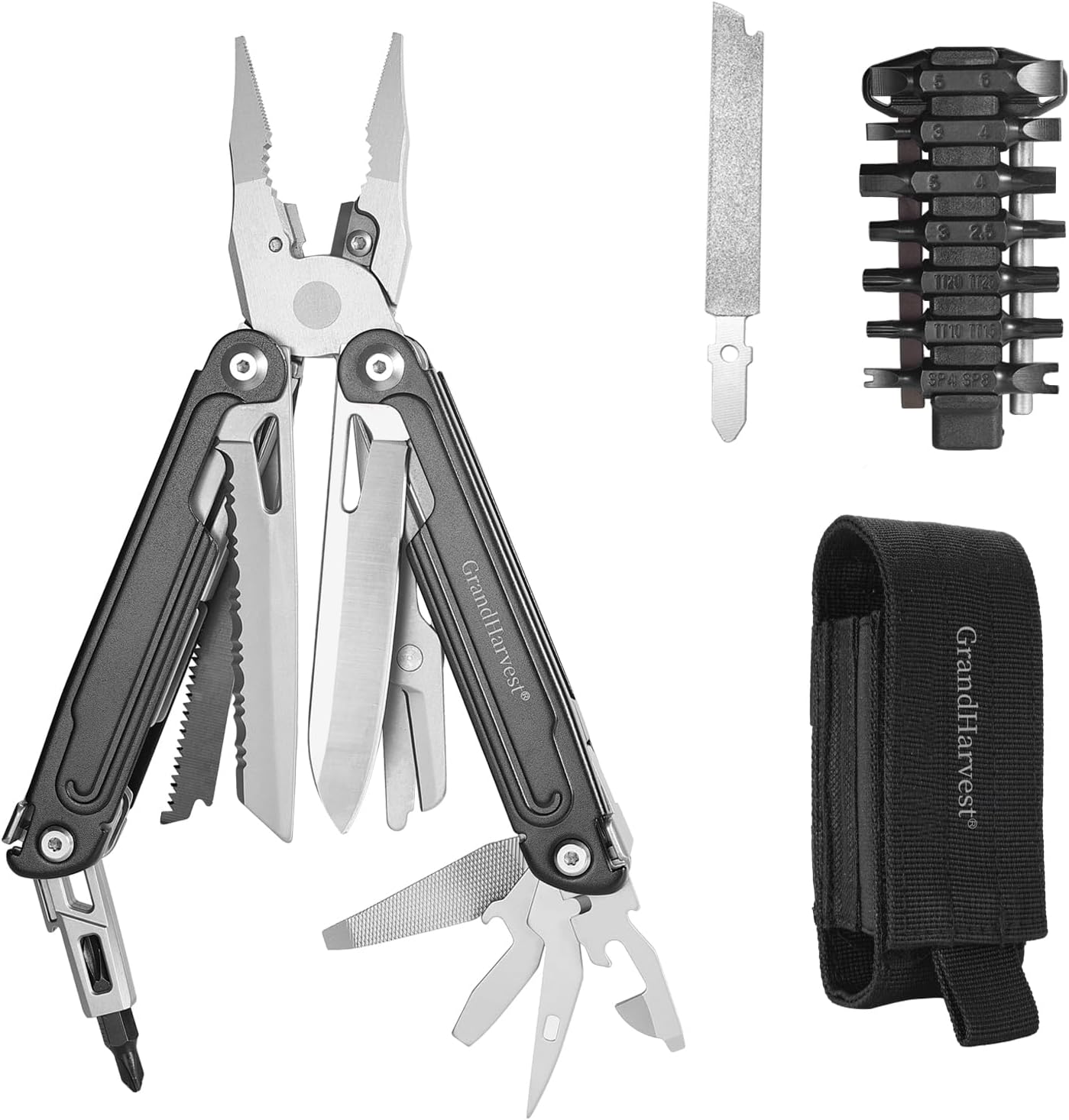 GrandHarvest 17-in-1 Stainless Steel Multi-Tool, self-locking practical multi-tool, equipped with large multi-purpose pliers, folding knife, belt clip, and nylon sheath, men's gift, EDC multi-tool