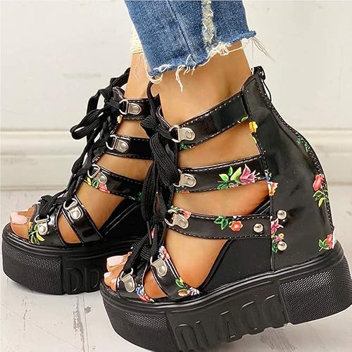 MIAOZHANG Damen Plateau Sandaletten Keilabsatz Atmungsaktiven Zehen Sandalen Frauen Peeptoe Keilabsatz Sandalen,Schwarz,EU 38 - 38 EU - Schwarz