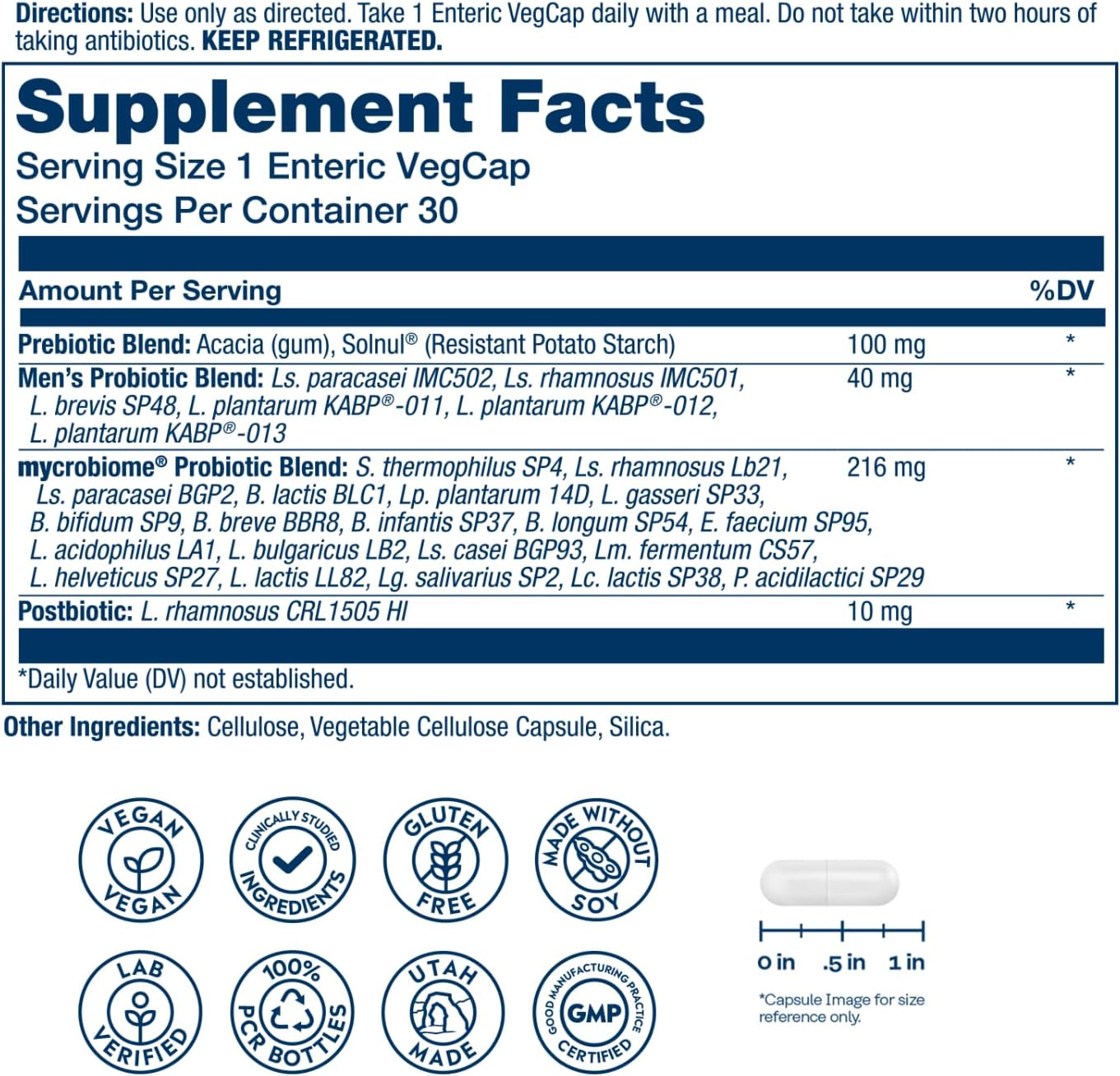 SOLARAY Mycrobiome Complete Probiotic Men's Formula - Pre and Probiotics for Men Plus Postbiotic - Digestive Health and Immune Support - 50 Billion CFU, 26 Strains - Vegan - 30 Servings, 30 VegCaps