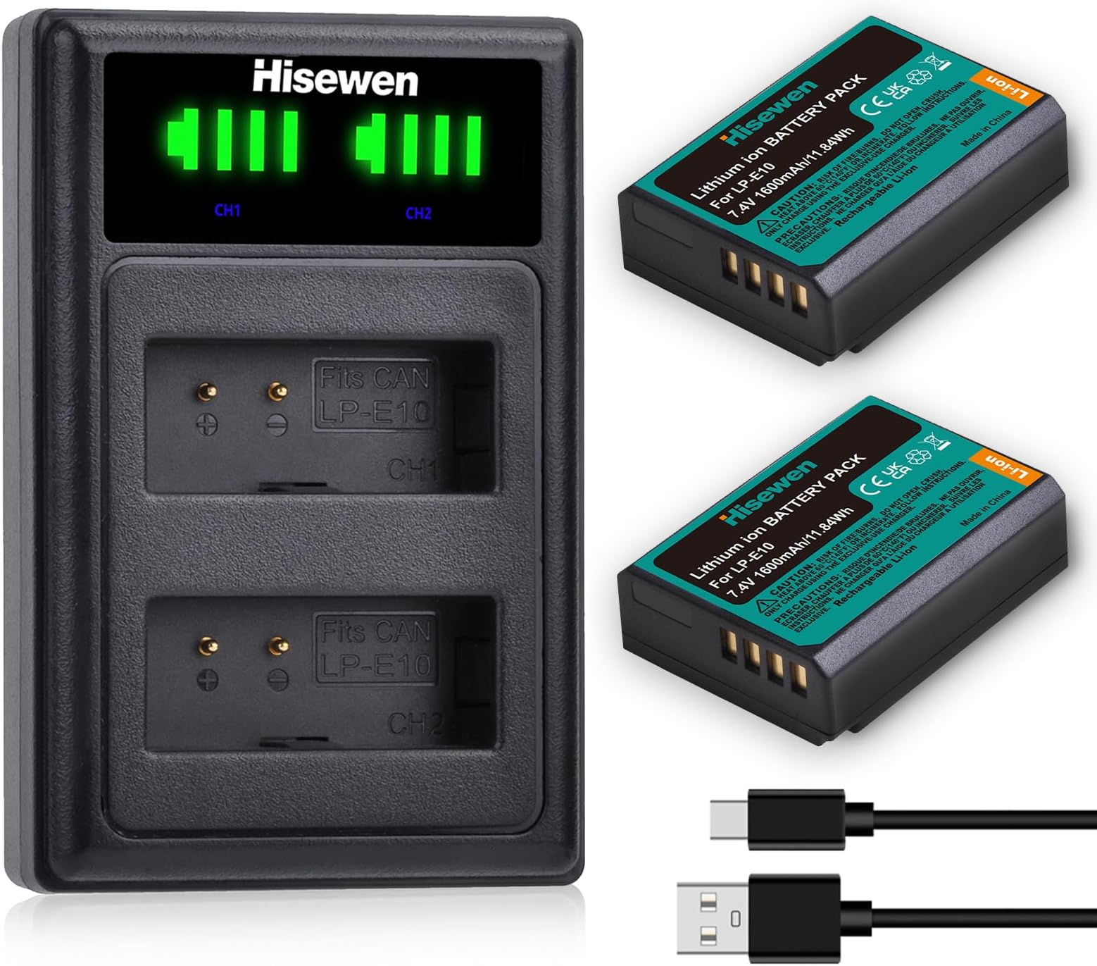 DSTE - Batteria di ricambio LP-E10 + caricatore USB Dual con display LCD, compatibile con fotocamera Canon EOS 1100D 1200D 1300D Kiss X50 X70 Rebel T3 T5