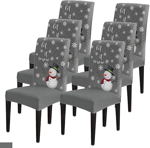 Savannan Juego de 6 fundas elásticas para silla de comedor, diseño de muñeco de nieve de invierno, copos de nieve, estrellas grises, protector
