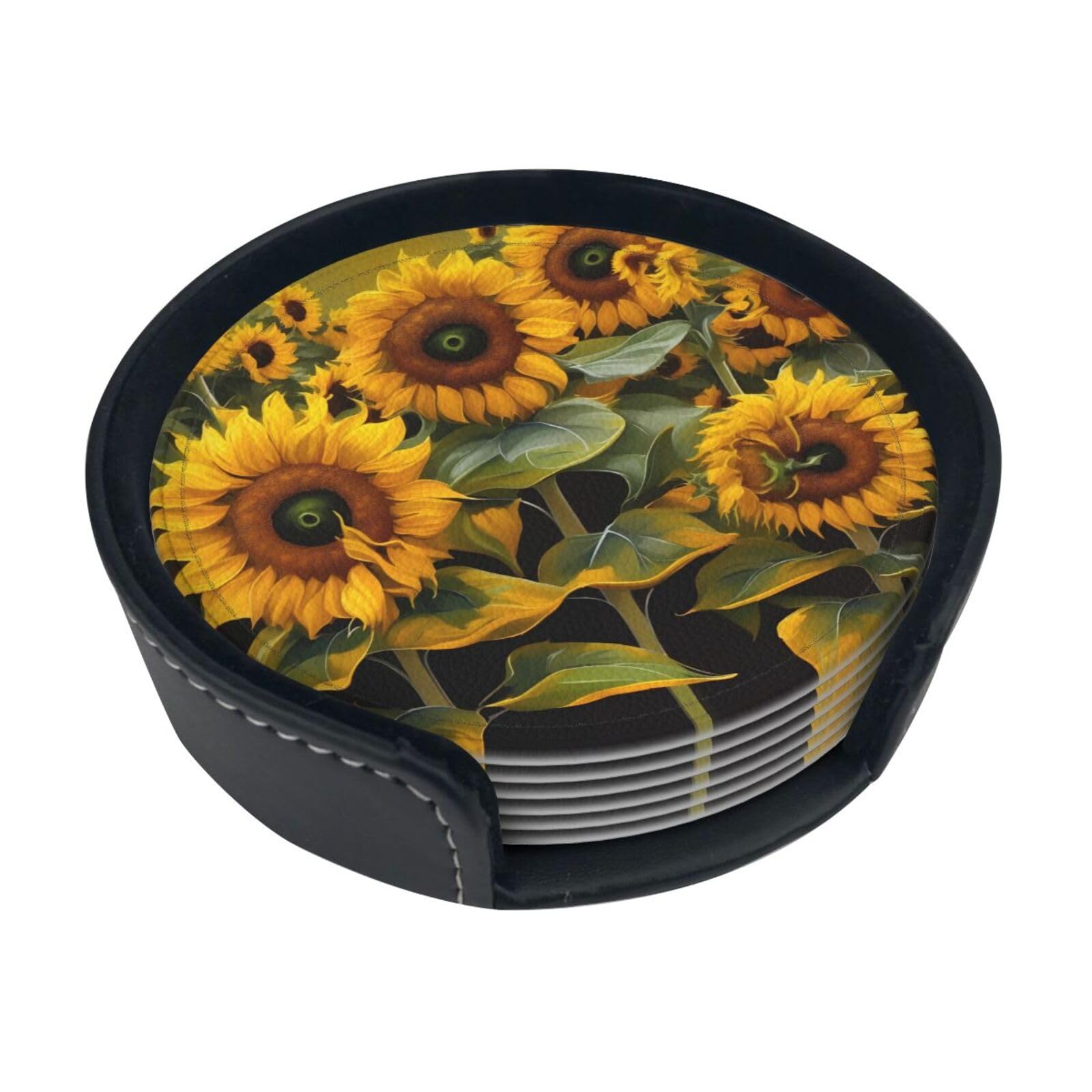 Sunflowers Print Round Coasters Set Of 6,Coaster For Tabletop Protection Home Bar Decor