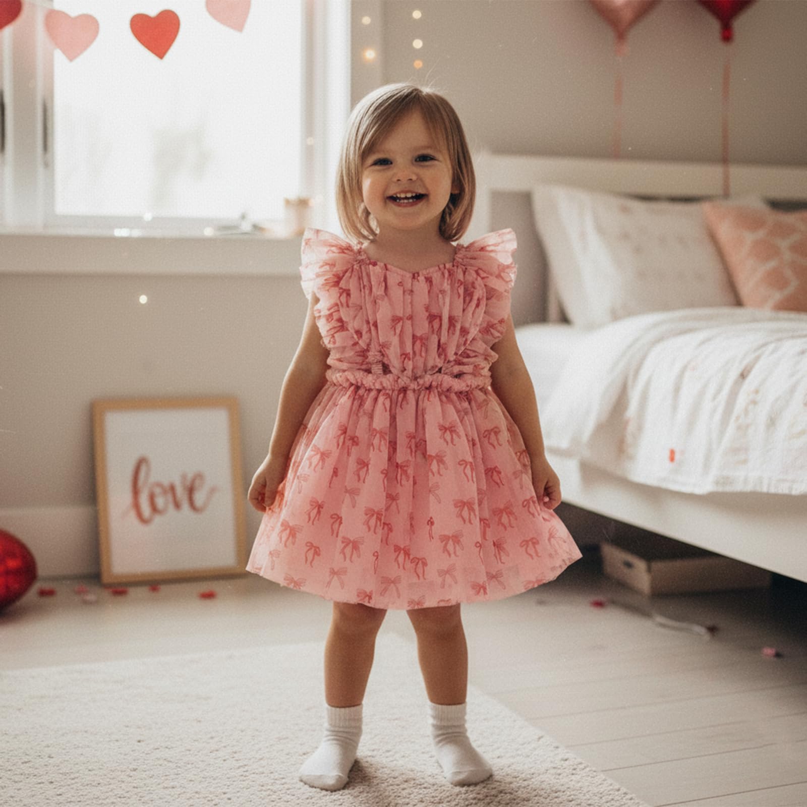 GXNRHG Baby Girl Valentines Tutu Sukienka Śliczny nadruk w kształcie serca Pończoch Suknie liniowe Letnia księżniczka Urodziny Party Wzburzona sukienka letnia