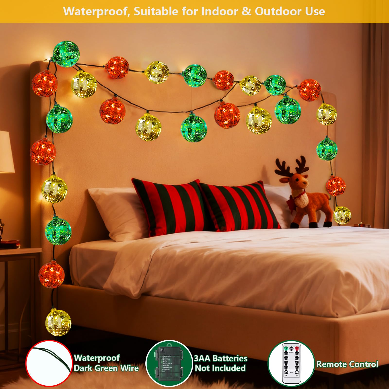 Guirlande lumineuse de Noël à piles, 7,7 m, 20 LED rouge, verte et dorée avec minuterie et 8 modes, étanche, pour arbre, chambre à coucher, fenêtre, porche, décoration