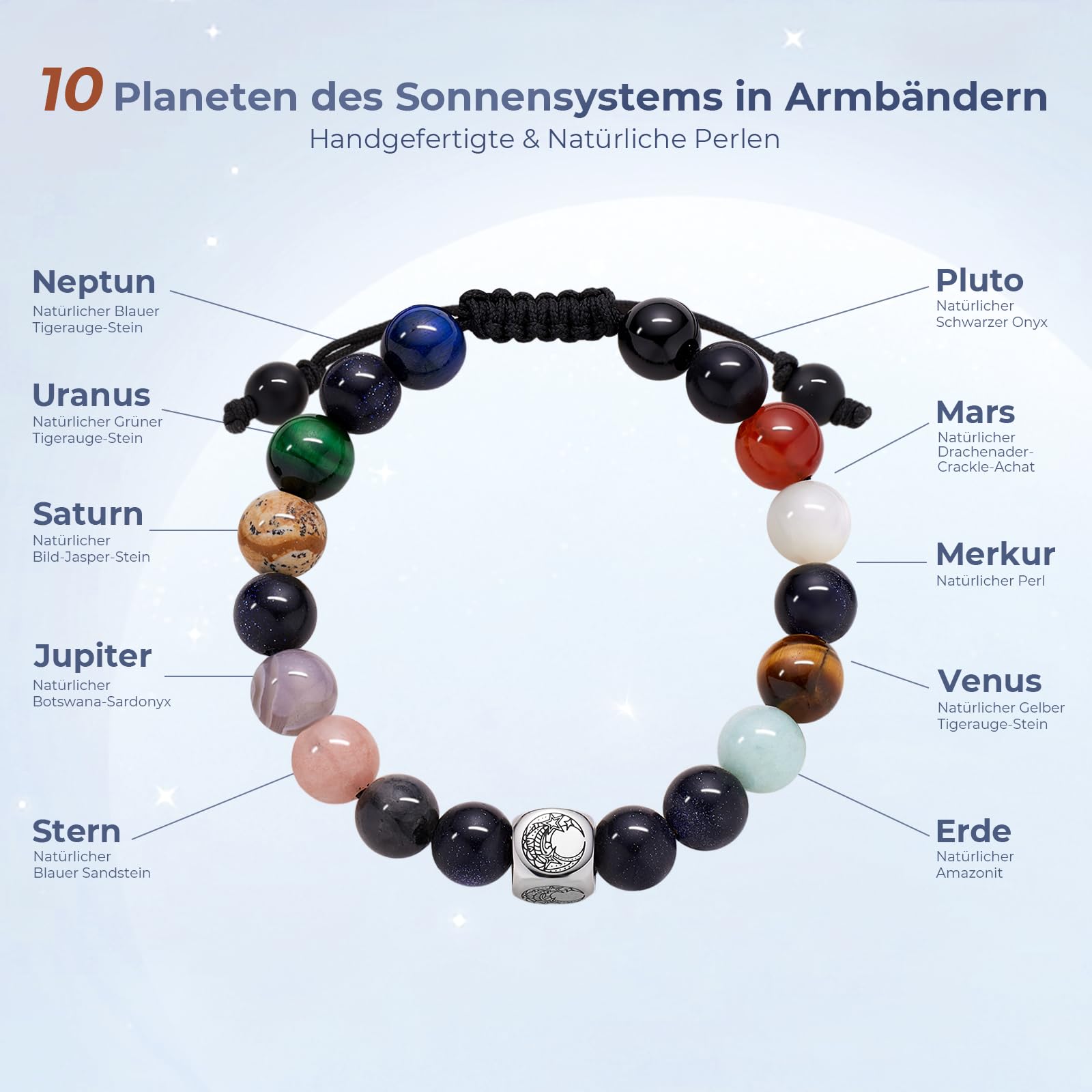 TOTWOO Perlen-Armbänder, Naturstein & Edelstahl Energieschmuck für Paare, Verstellbar & Stapelbar, Sonne-Mond-Nicht-Smart-Armband mit Positiver Energie, das Ideale Geschenk für Liebe und Freundschaft