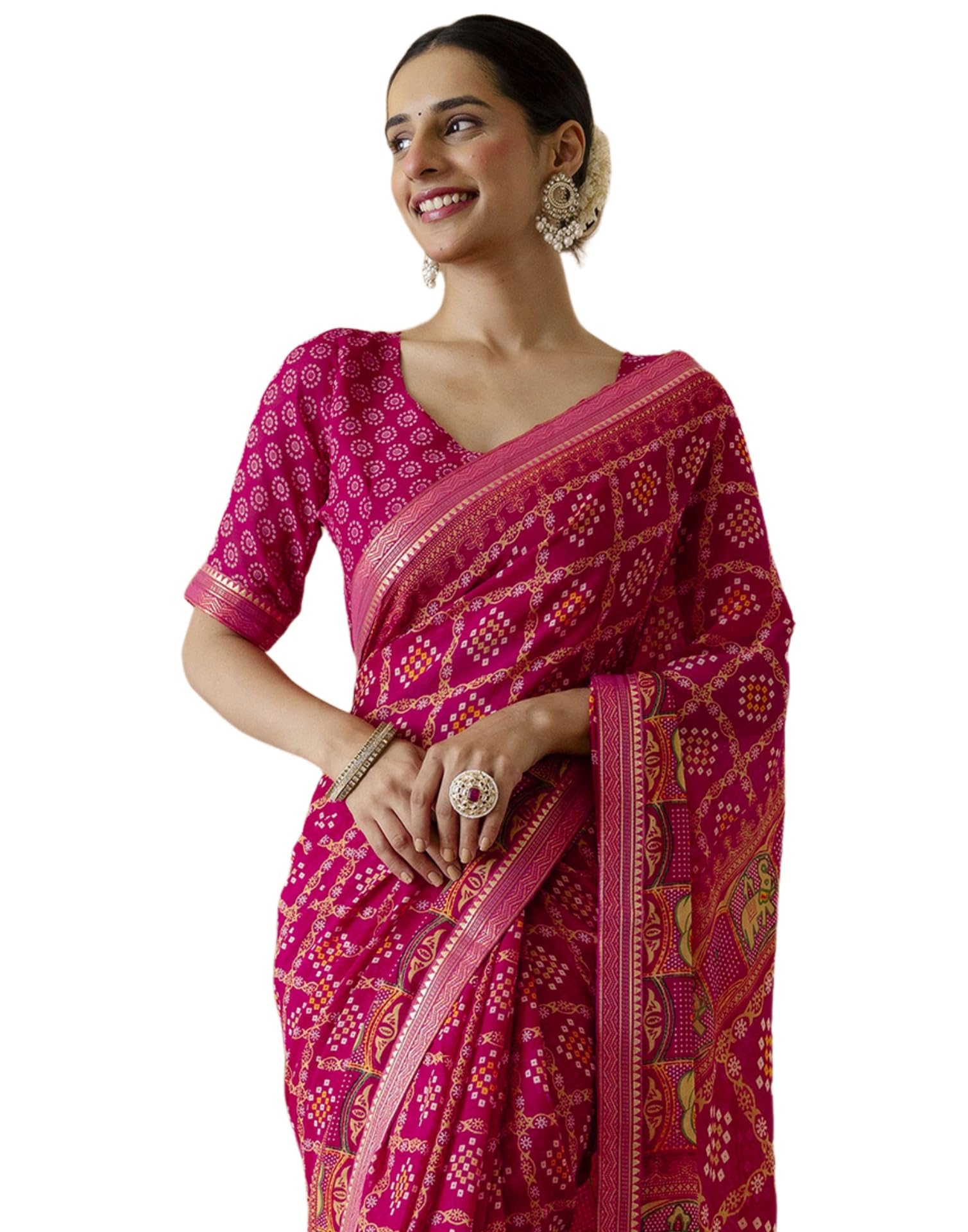SIRIL Women's Georgette Bandhani Printed Saree With Unstitched Blouse Piece