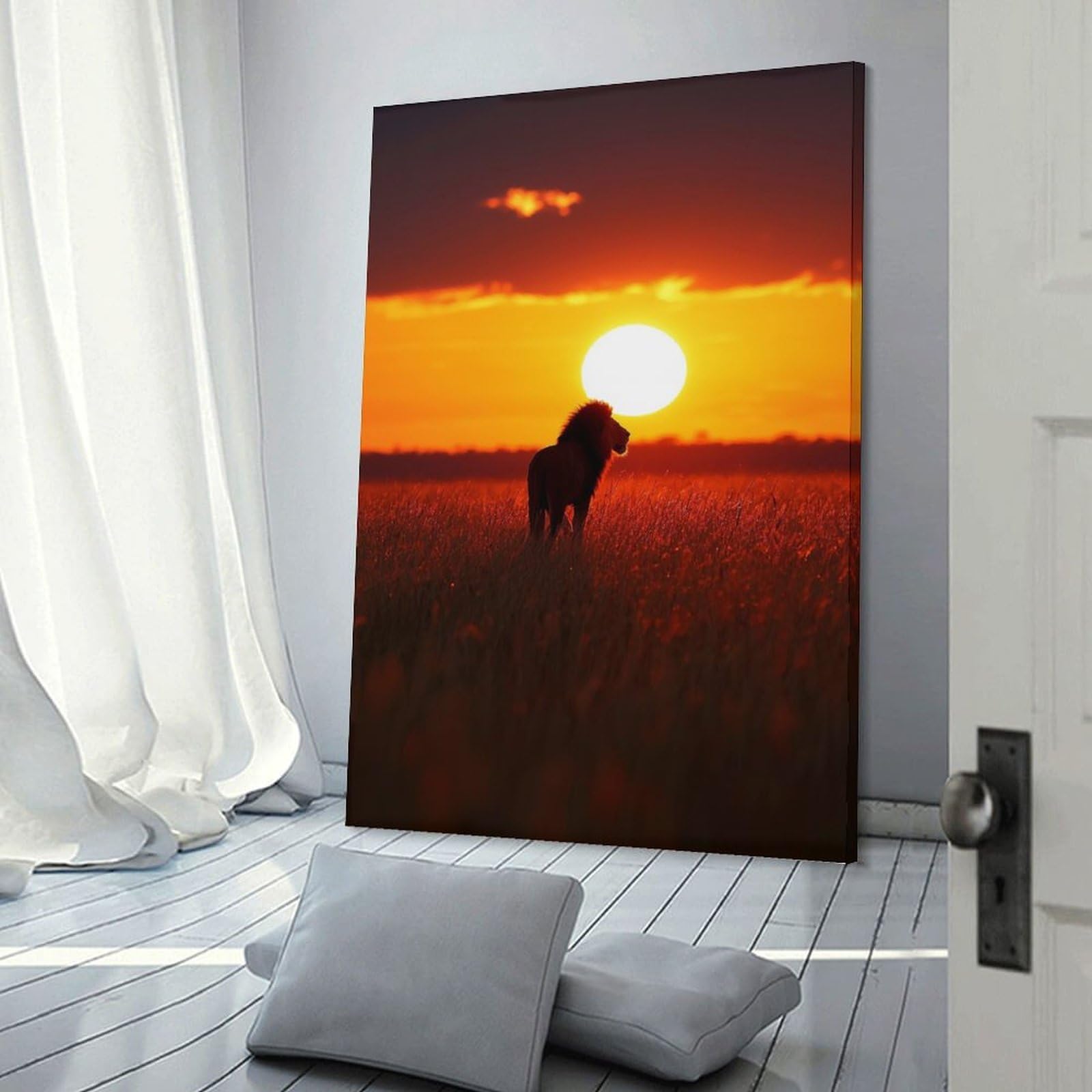 Junmoney Frame-Style-14 Lion Silhouette Sunset Canvas Wall Picture, 12X18inch(30X45cm), For Study, Office Or Focused Interiors, Home Office Artwork With Decorative Appeal