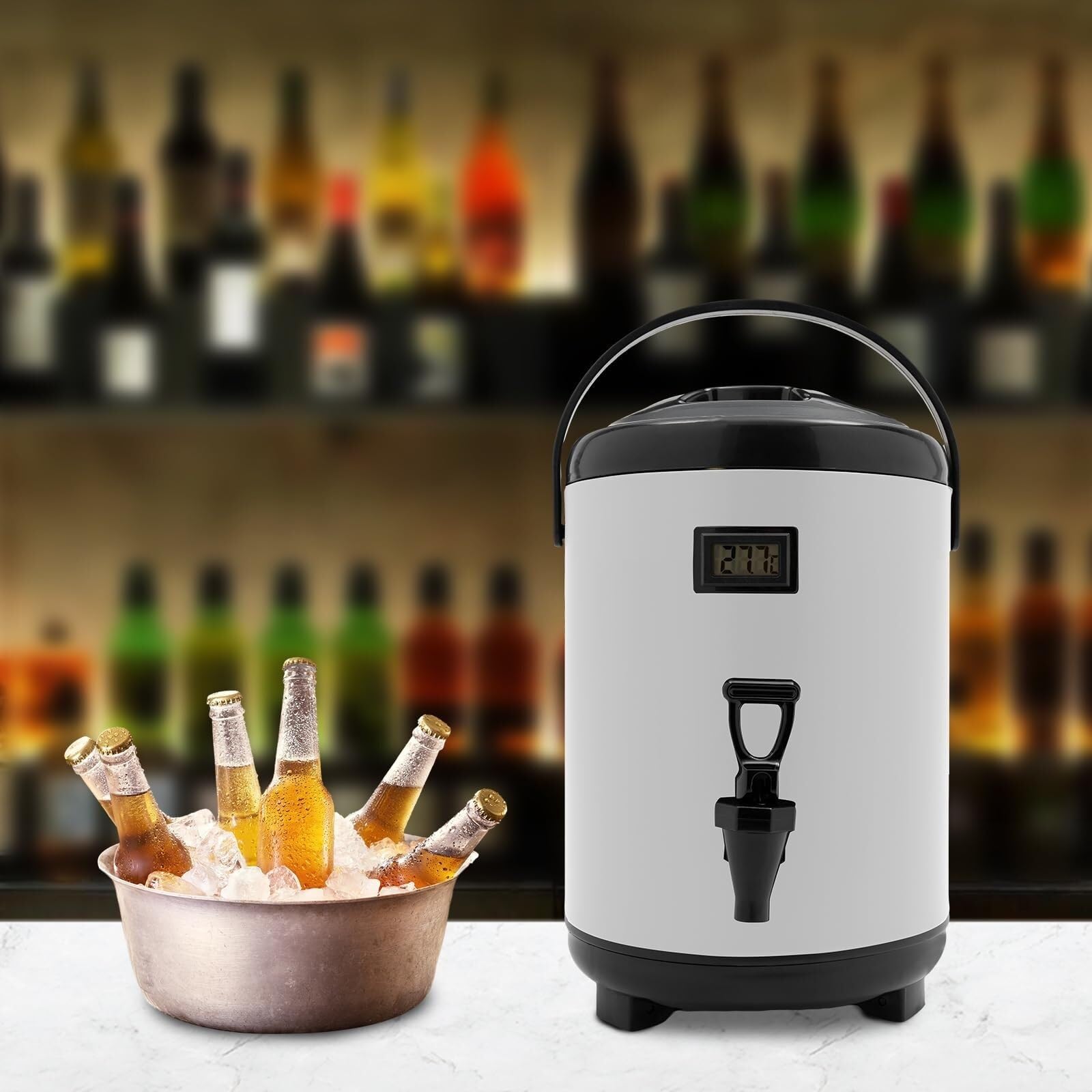 Isolierter Getränkespender, Kaffeeurne mit Zapfhahn und Thermometer, Edelstahl-Getränkespender for Kaffee, Tee, Wasser und Saft(White,2.1 Gal/8 L)