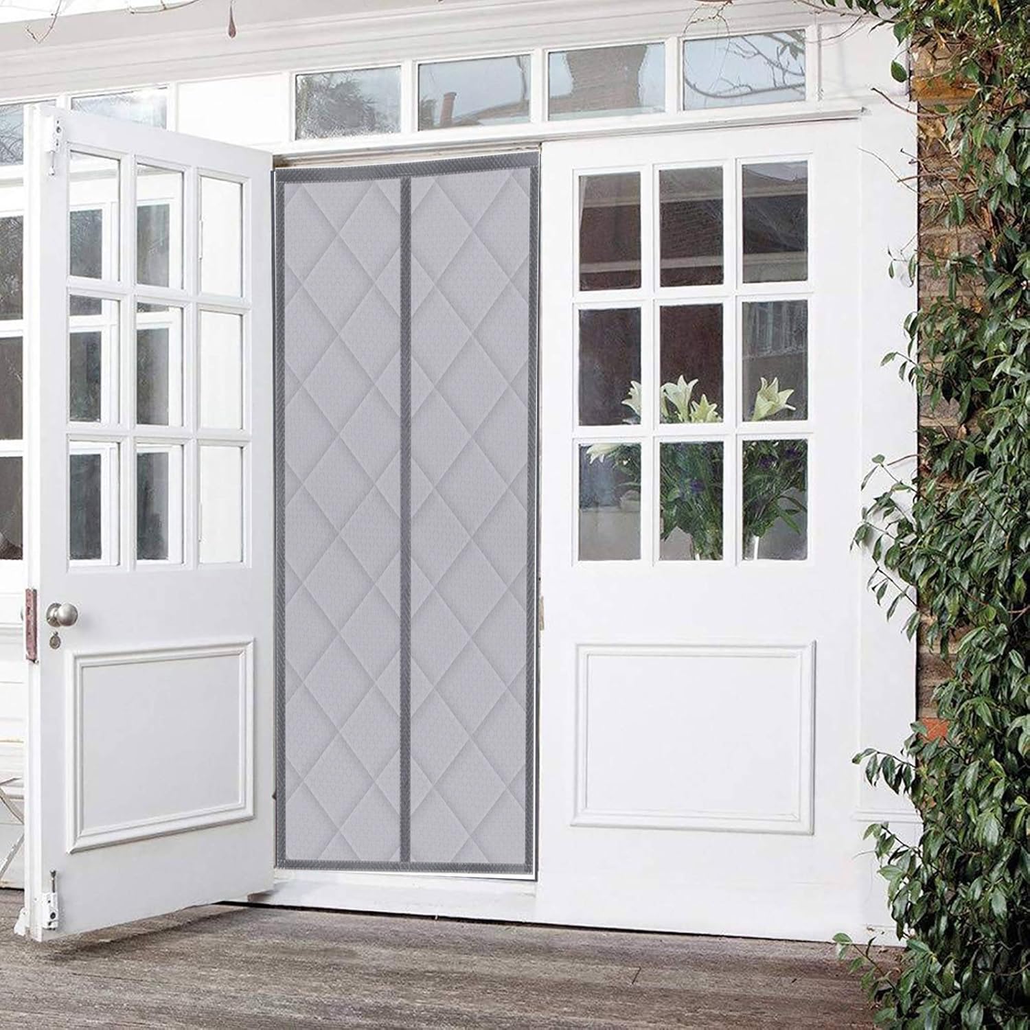 Isolierter magnetischer Fliegenvorhang für Terrassen, Balkon, Schiebetüren, Wärmedämmung, Magnetdichtung, Grau, 215,9 x 533,4 cm