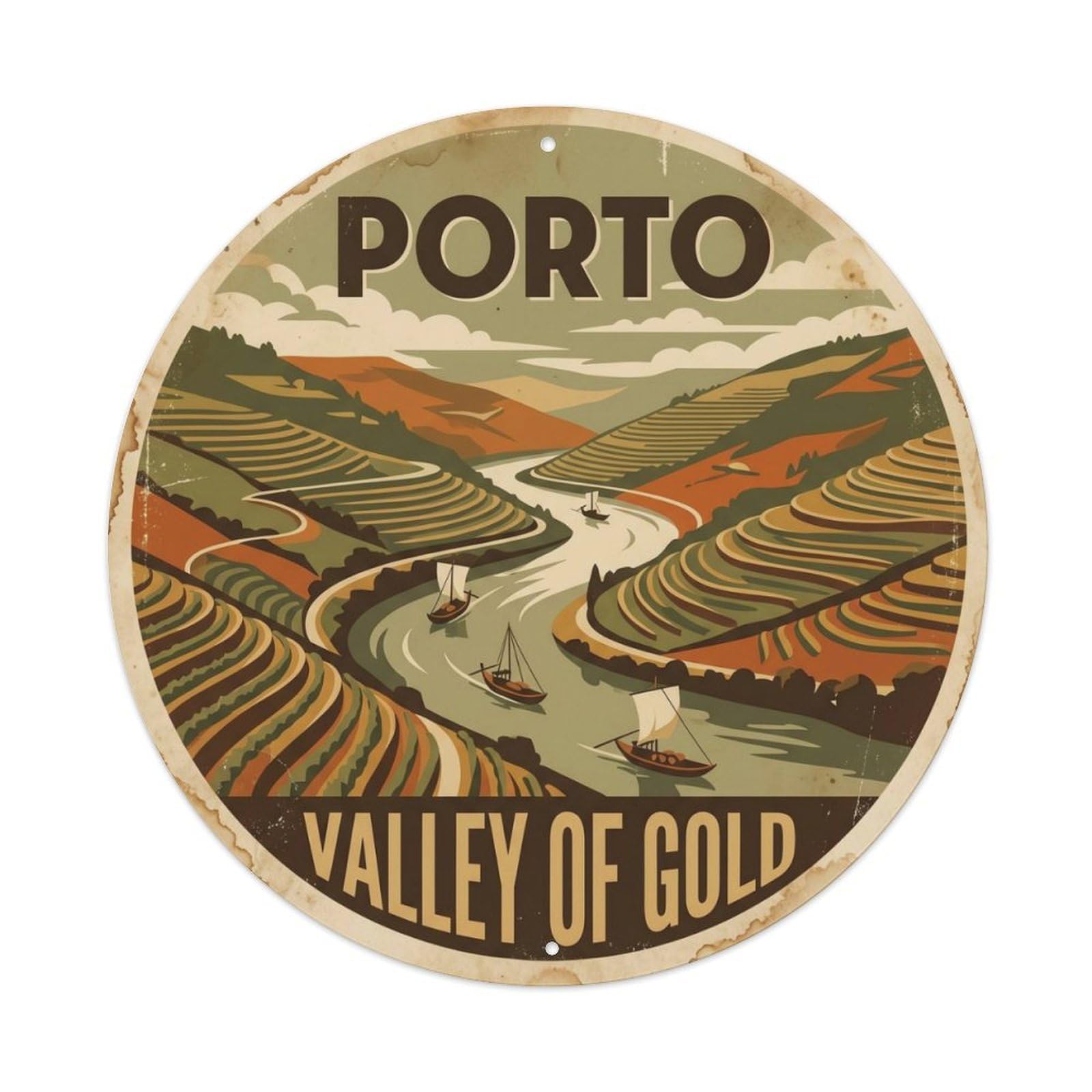 Vintage Travel Douro Valley Portugal Metal Tin Sign Plaque Wall Decor for Cafe, Club, Garden Round Metal Poster 8x8Inch