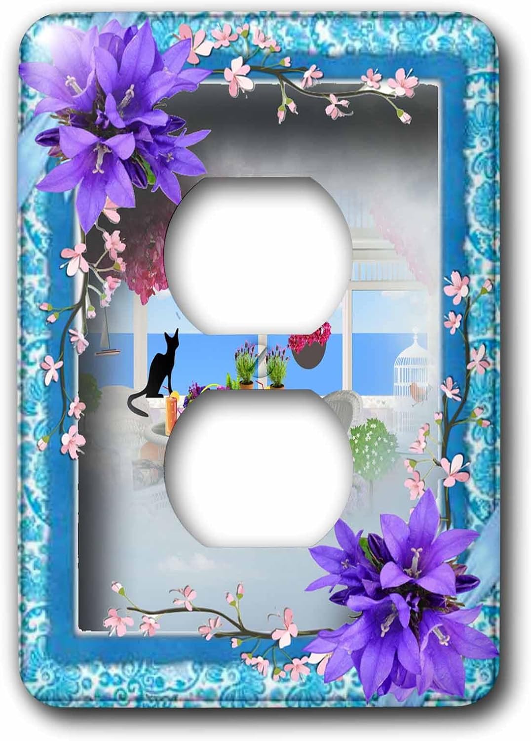 3dRose (lsp_218781_6) Pretty Blue Decorative Frame and Window Art with Kitten and Accented Decor 2 Plug Outlet Cover
