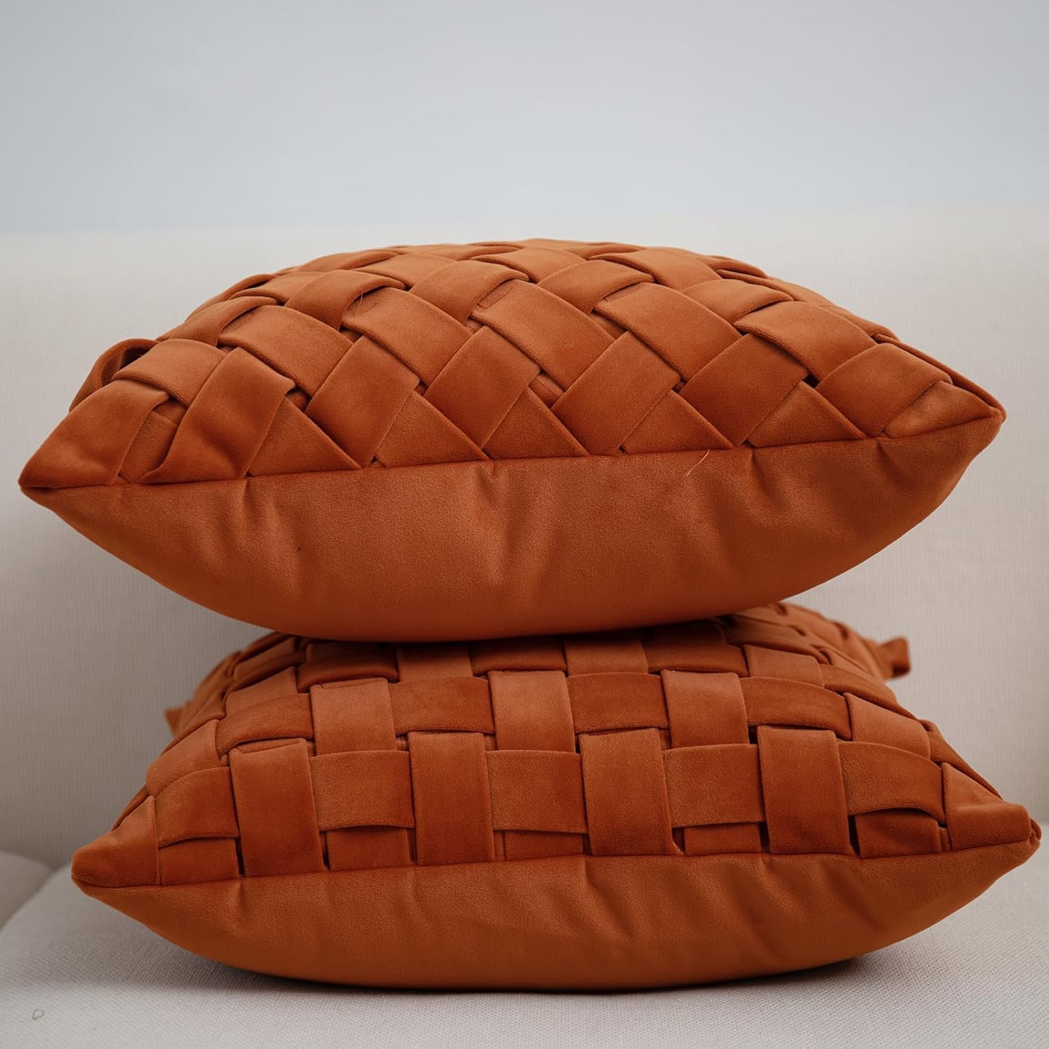 vctops Thick Velvet Decorative Throw Pillow Cover Luxury Handmade Diamond Weave Square Cushion Cover Soft Comfy Pillowcases for Sofa Bedroom Couch (Orange B,18"x18")