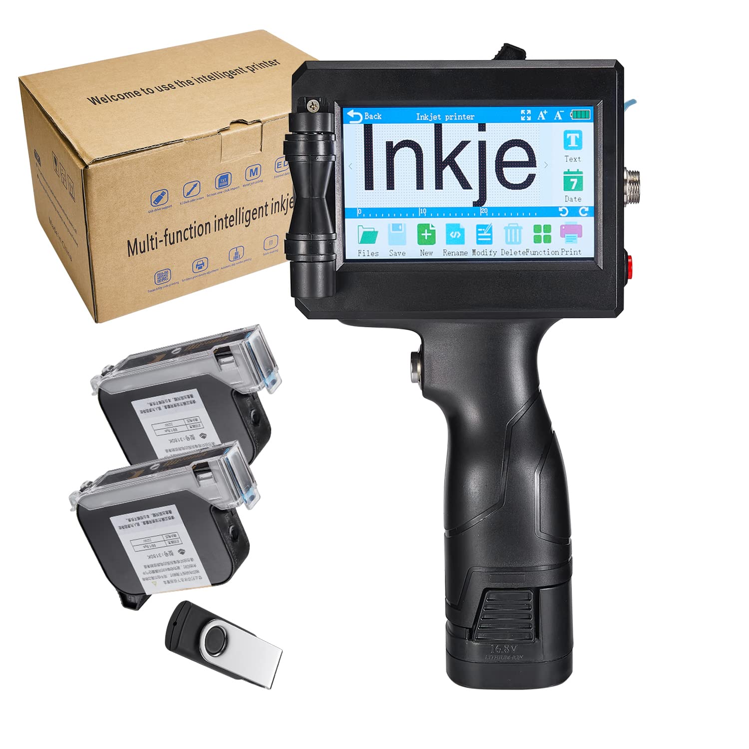 Handheld Inkjet Printer Portable 4.3 Inch HD LED Touch Screen Labeler Come with 2 Ink Cartridge in Black for Barcode Date Logo Batch on Surface ZFM6 Height 0.08~0.5’’ up to 6 Lines of Text