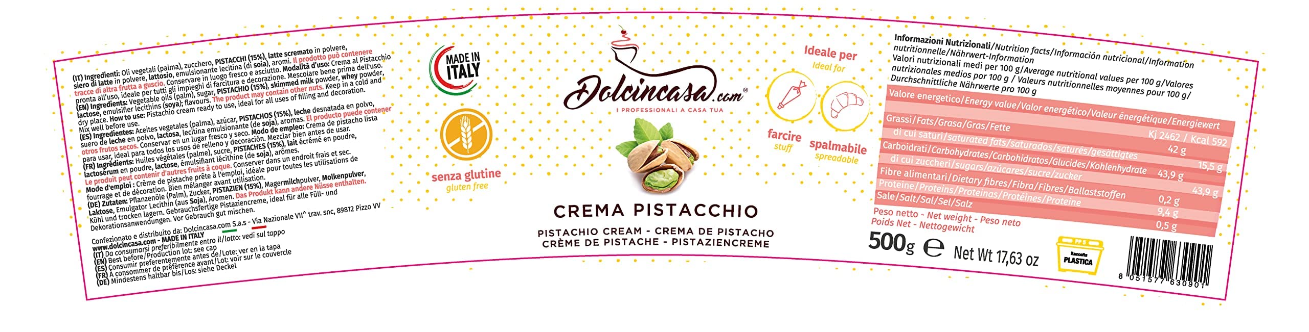 Dolcincasa-Crema al Pistacchio spalmabile o per farcire 500g Senza Glutine Alta Qualità per Ricette Dolci e Salate