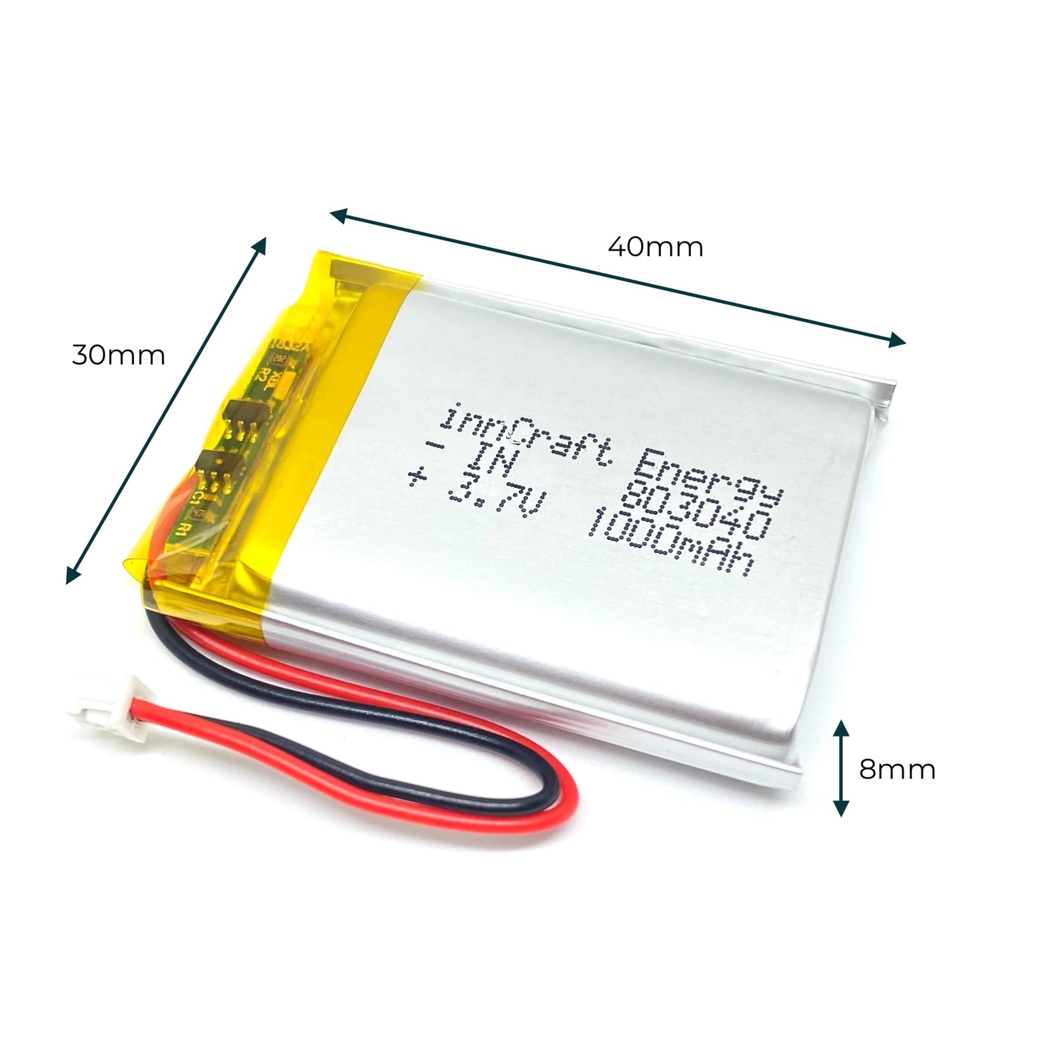 Batteria ai polimeri di litio innCraft Energy 1000mAh 3,7V, 40 x 30 x 8 Modello 803040 2P Molex 51021-020 Connettore 1,25 mm